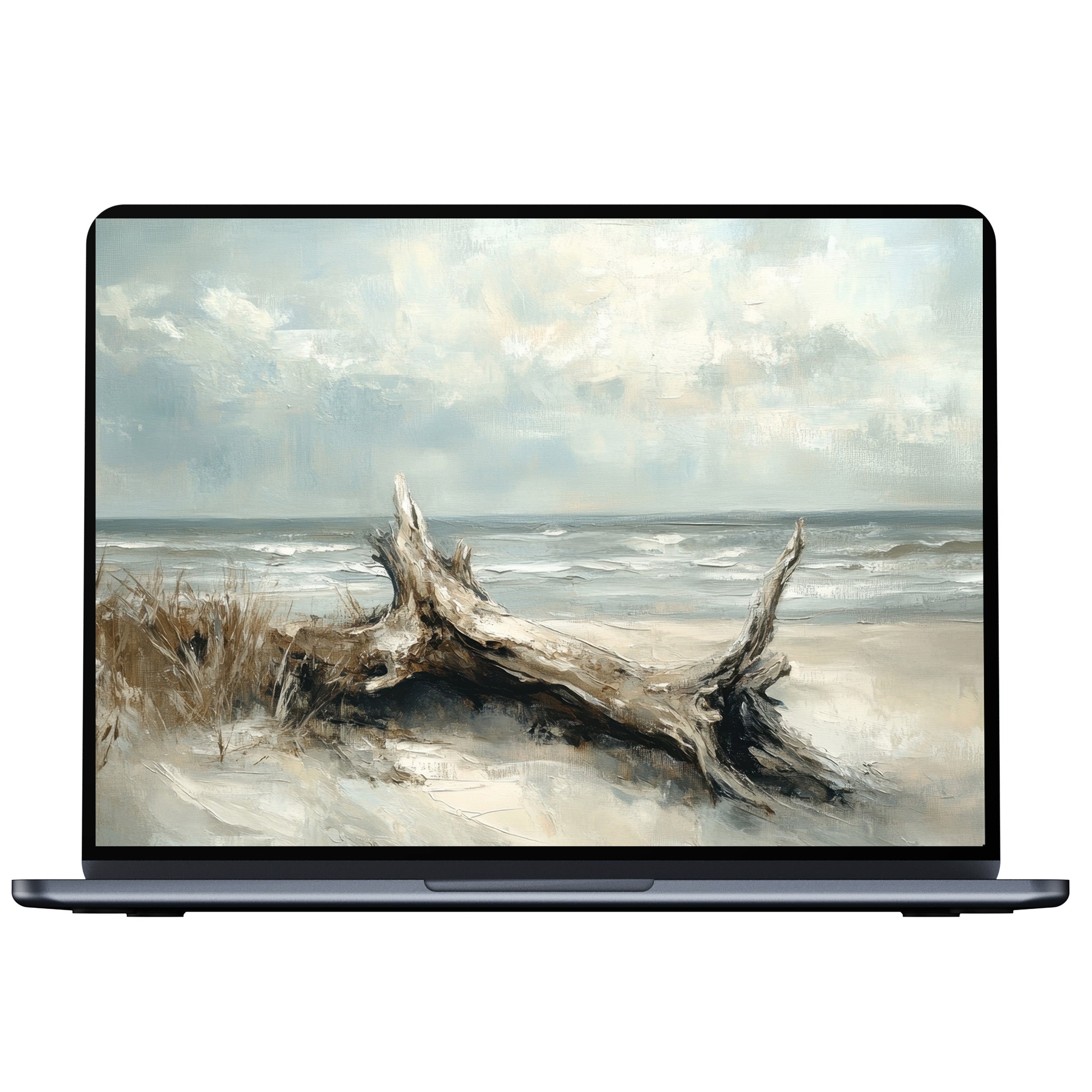 Coastal desktop wallpaper with serene beach scene and driftwood painting digital download for PC and laptop mindfulness and inspiration