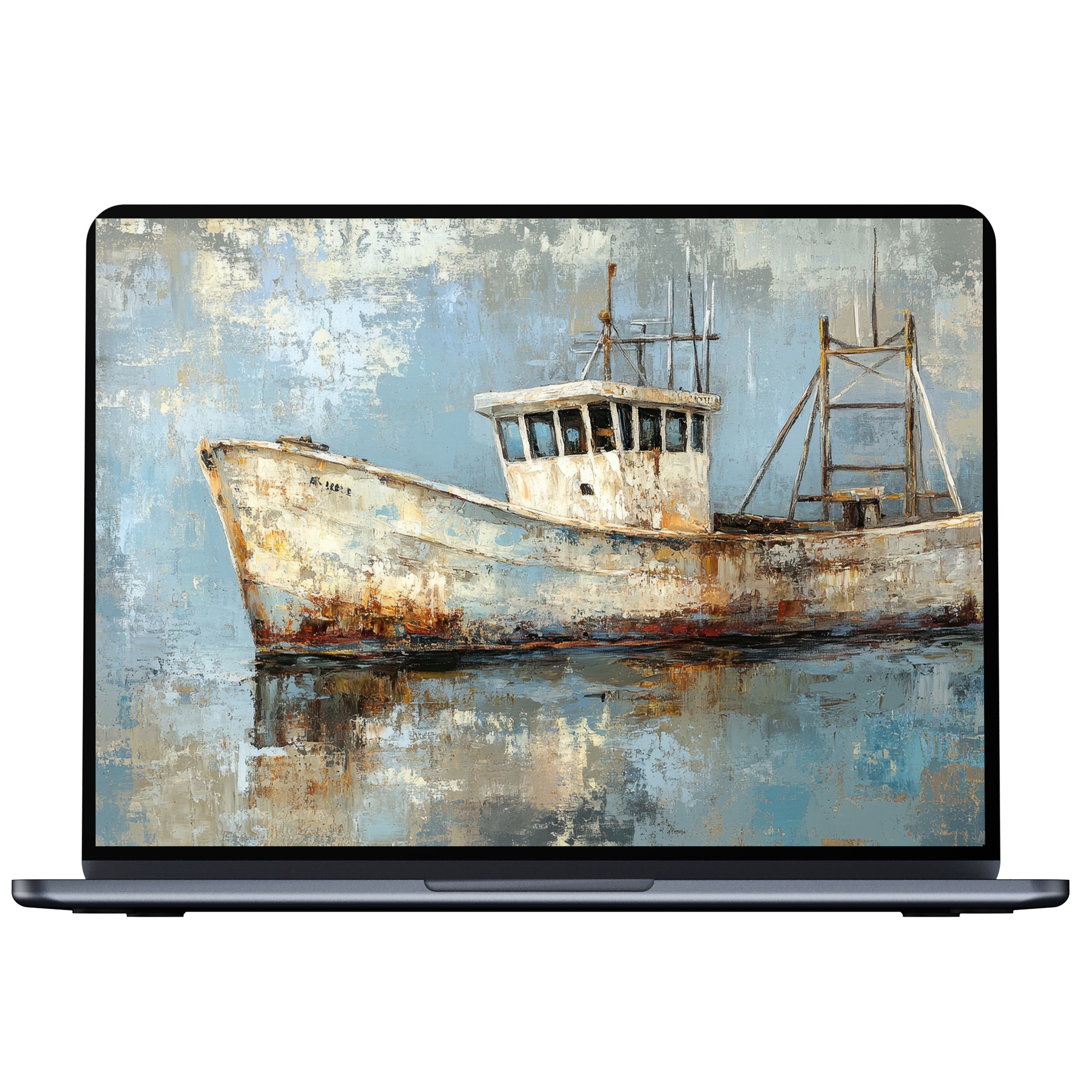Coastal desktop wallpaper digital download featuring an elegant, textured painting of a weathered boat reflecting tranquility for PC or laptop