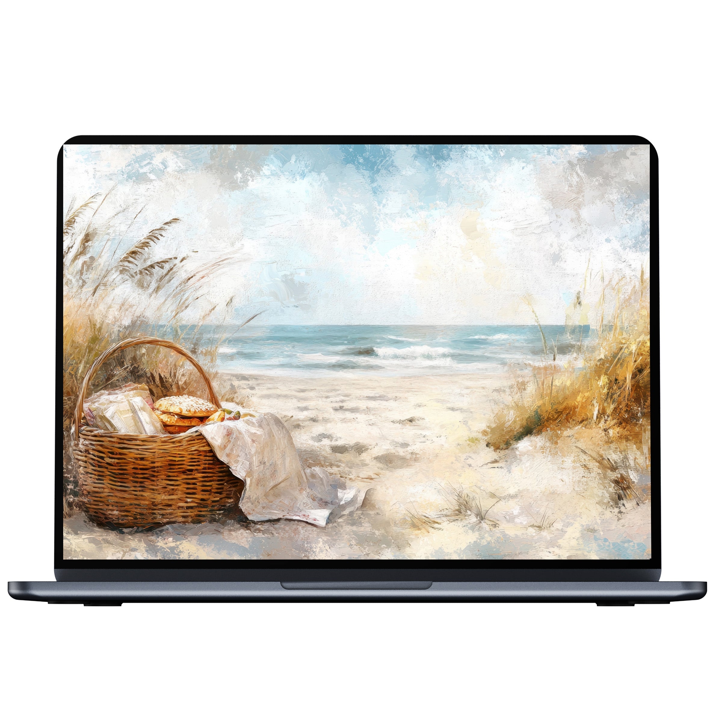 Coastal desktop wallpaper digital download for PC and laptop featuring a serene seascape with soft sand and gentle waves textures