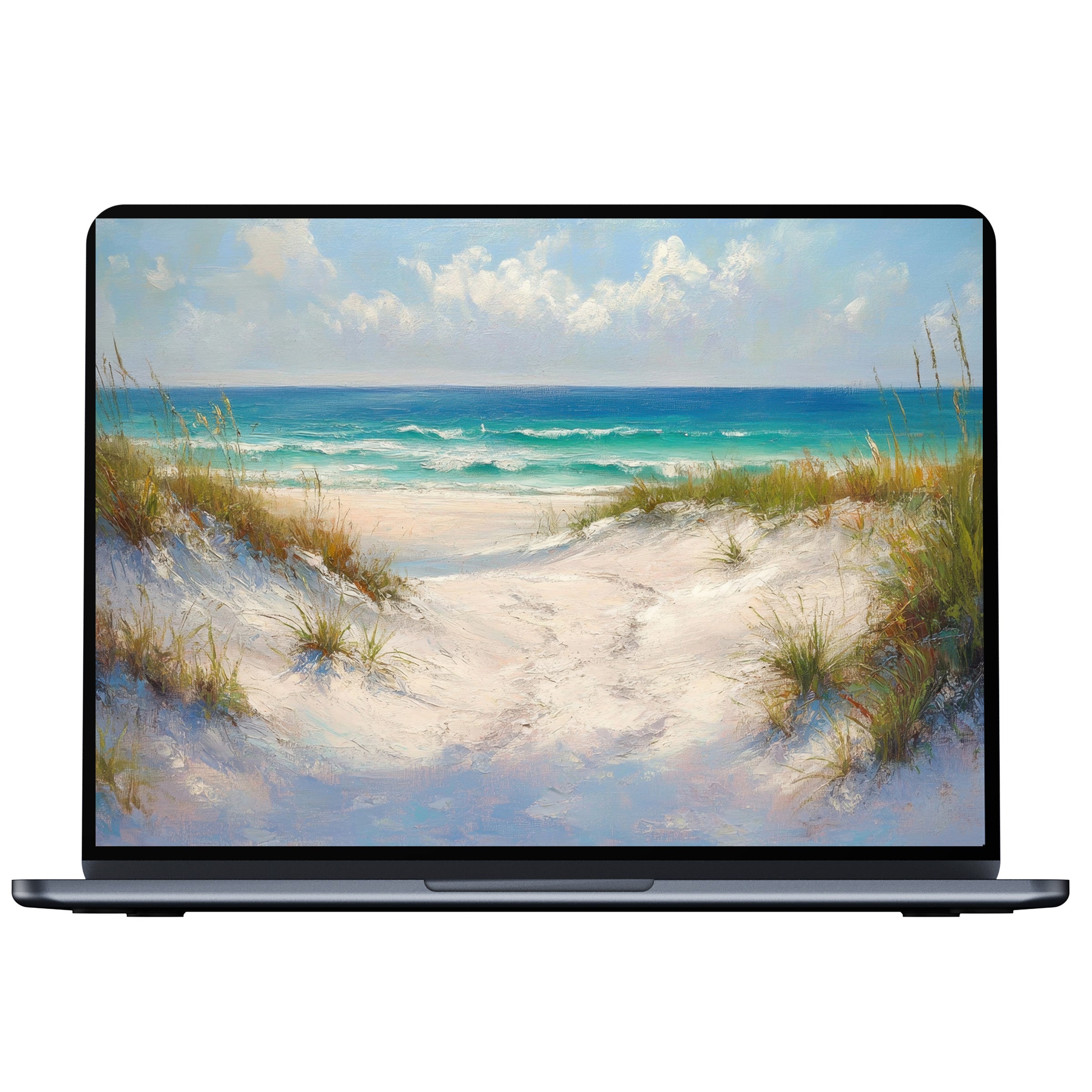 Calm and inspiring coastal desktop wallpaper digital download featuring a serene sandy beach and vibrant waves for PC and laptop