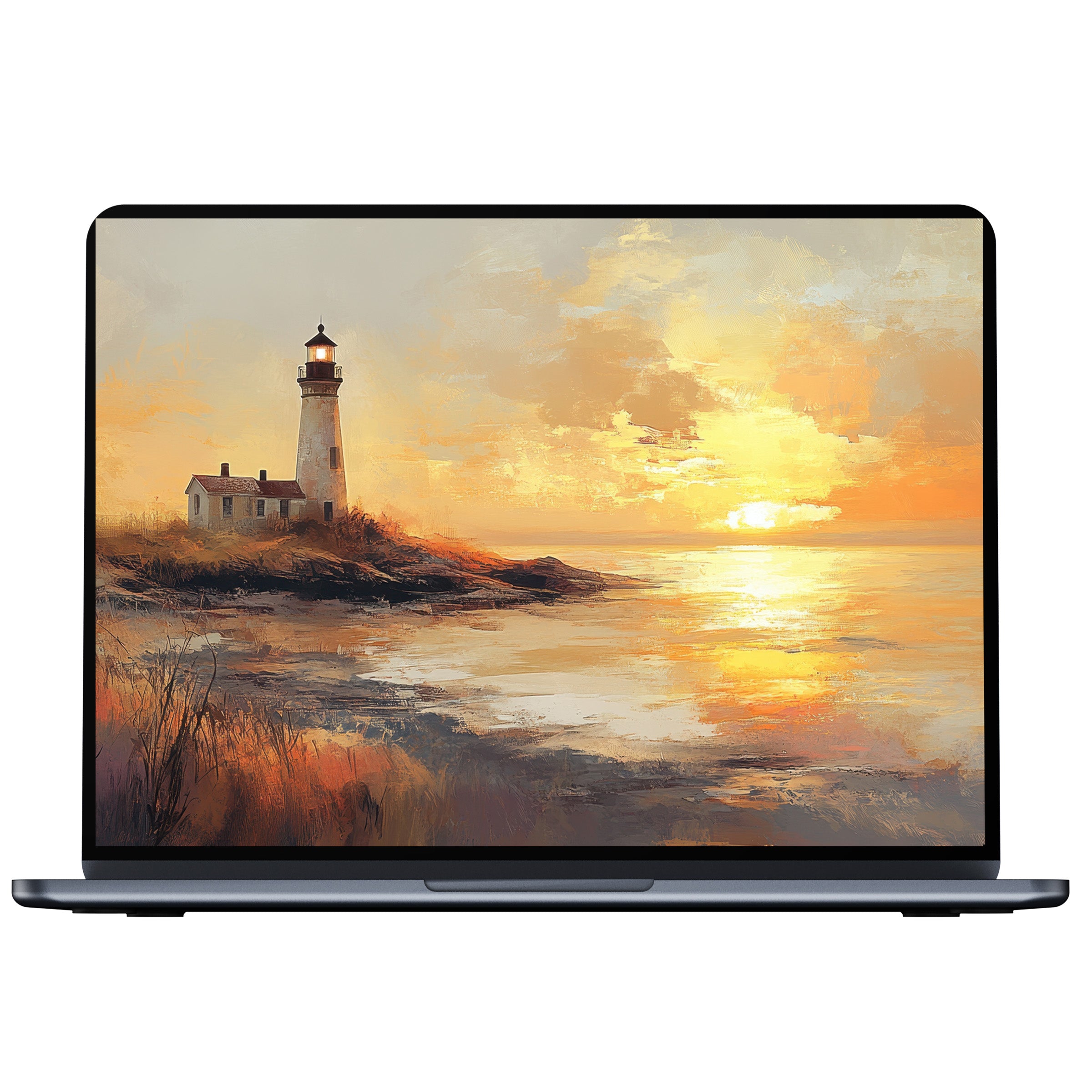 Coastal desktop wallpaper digital download featuring a serene lighthouse at sunset in warm tones perfect for PC or laptop screens