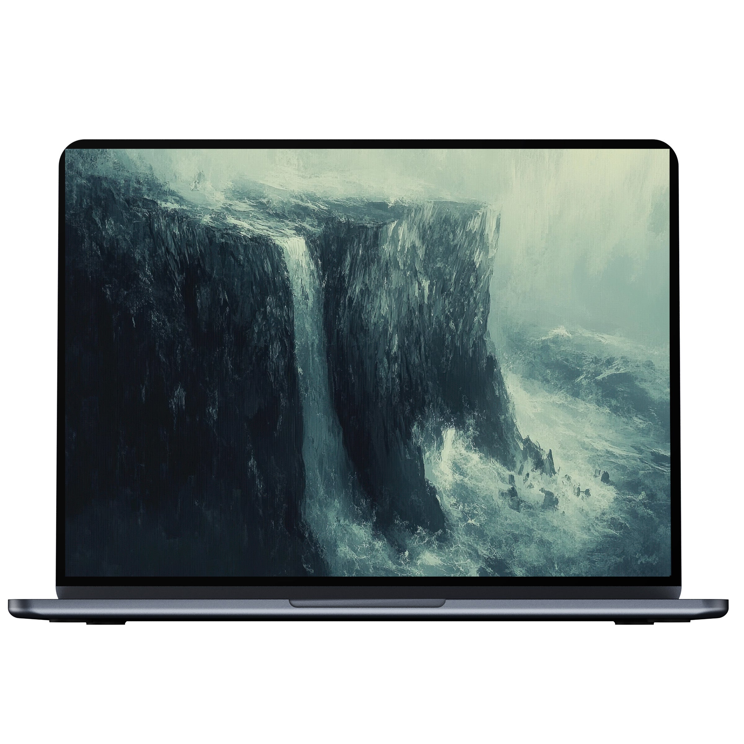 Coastal desktop wallpaper digital download captures a serene waterfall on rocky cliffs in misty tones perfect for PC or laptop use