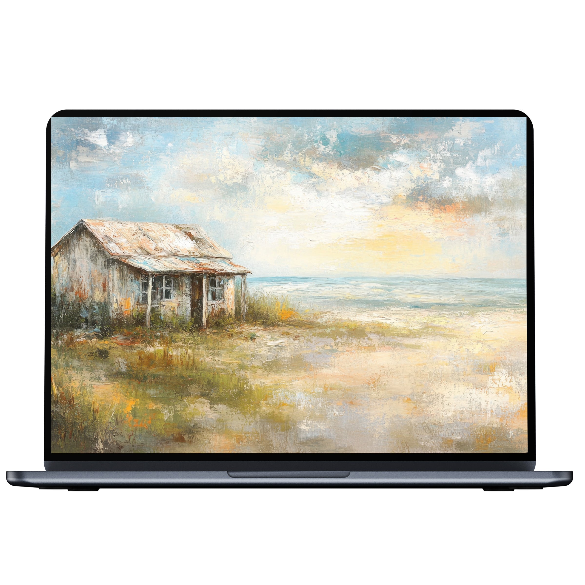 Coastal desktop wallpaper digital download featuring a serene seascape with rustic cottage perfect for PC, laptop, and Mac users seeking calm inspiration