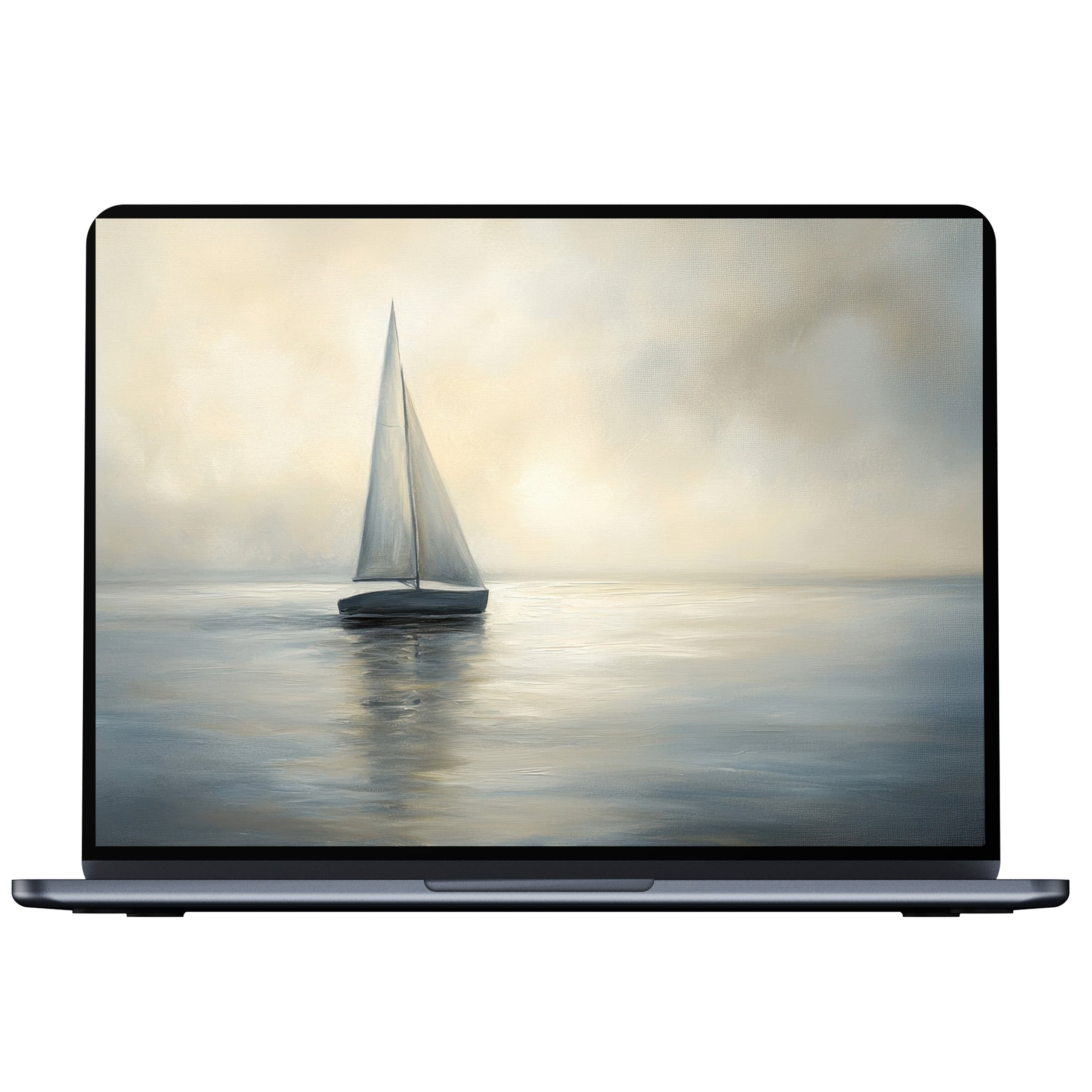 Elegant coastal desktop wallpaper of a serene yacht on misty waters for PC, laptop, Mac digital download promoting calm inspiration