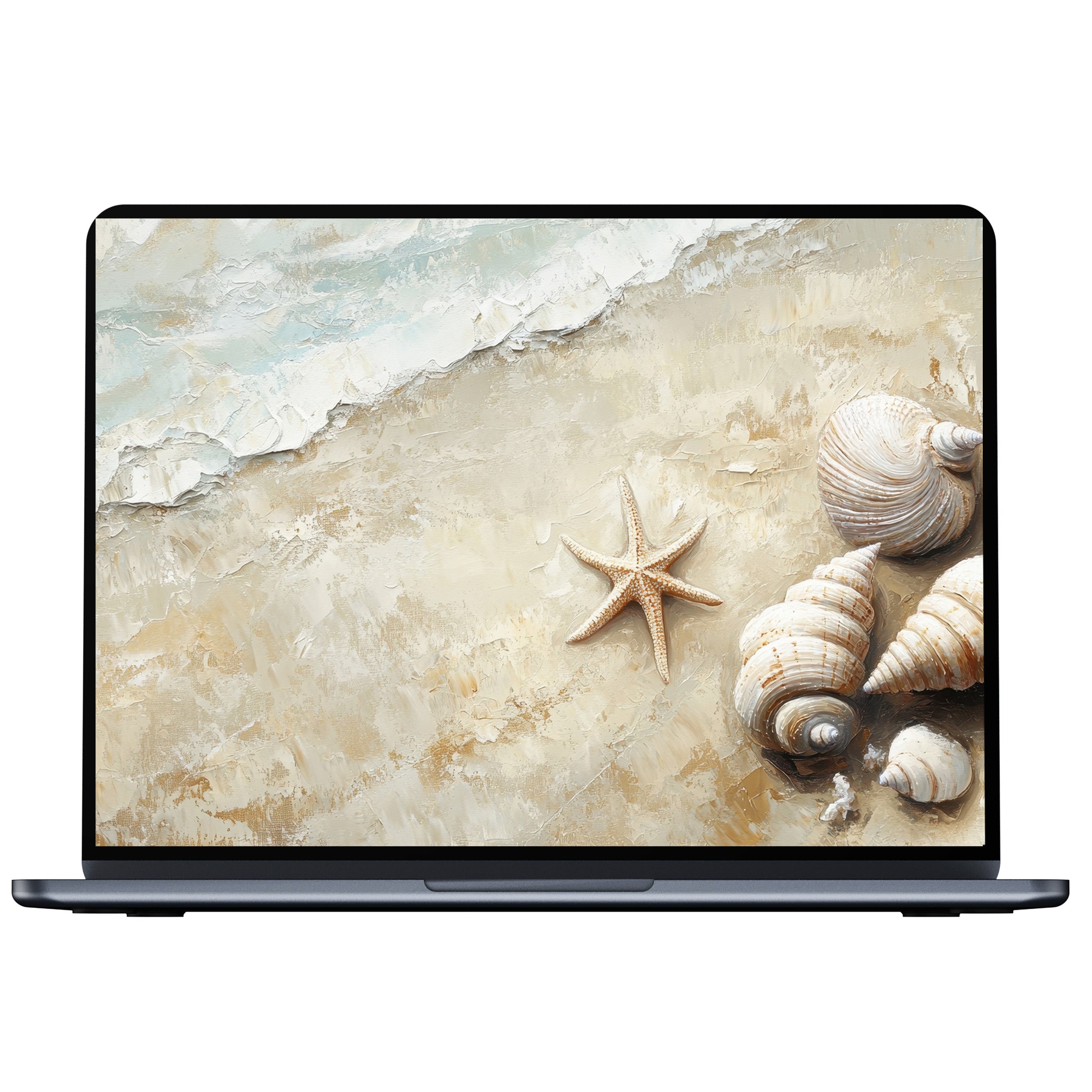Coastal desktop wallpaper digital download featuring serene beige textures and seashells fits PC and laptop for elegant inspiration