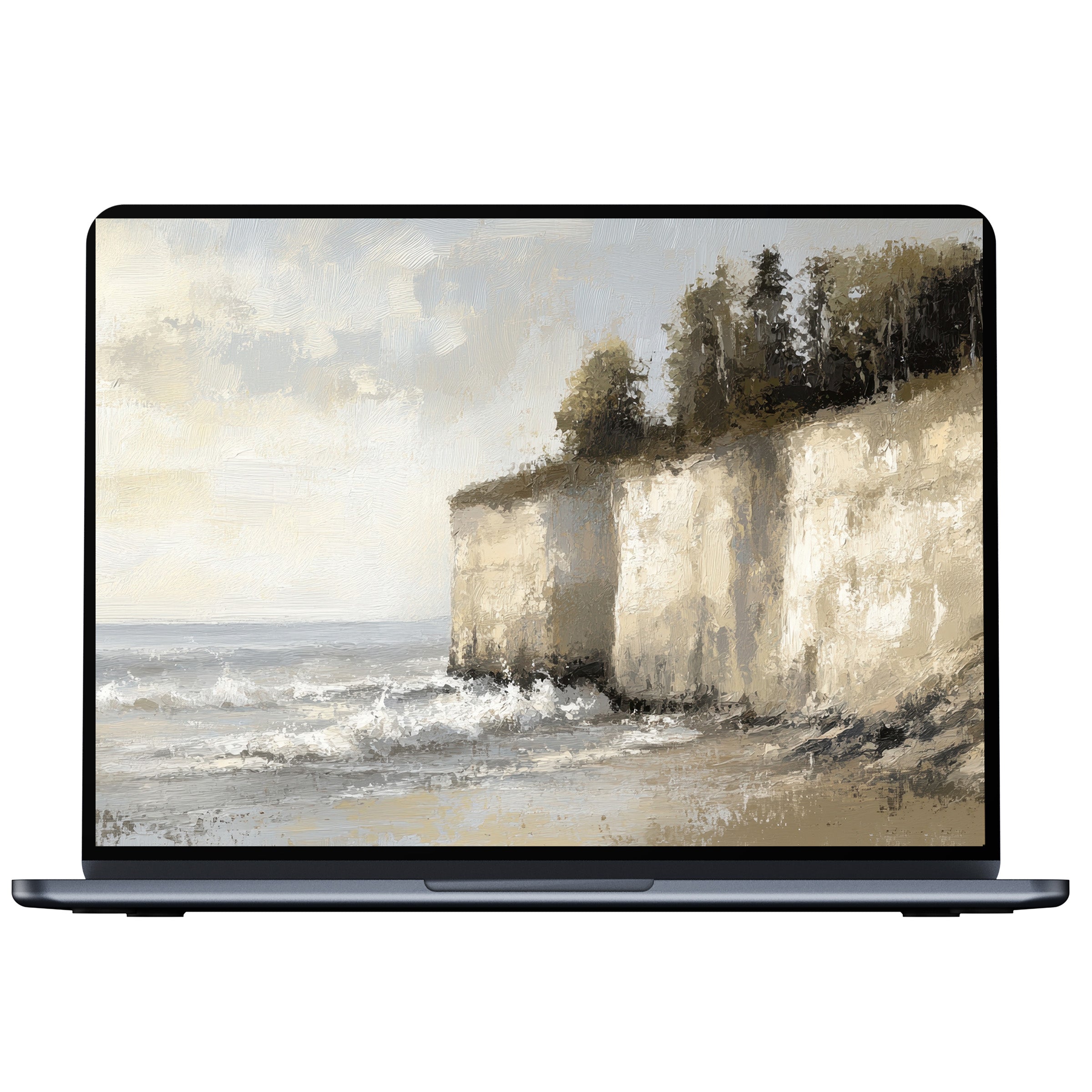 Coastal desktop wallpaper digital download features serene cliffs and gentle waves in impressionistic style for PC and laptop tranquility