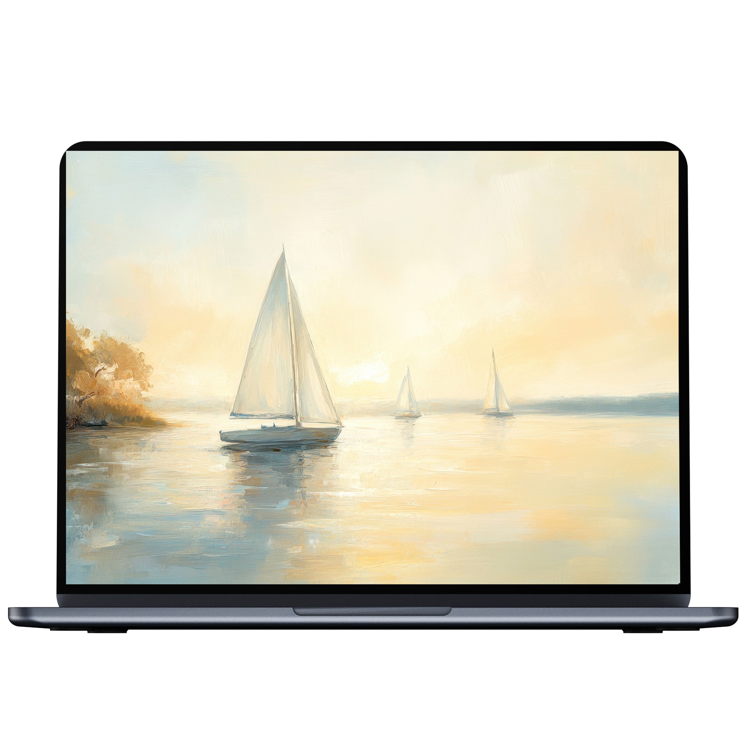Tranquil coastal desktop wallpaper art featuring sailboats at sunrise for PC, laptop or Mac digital download inspires calm elegance