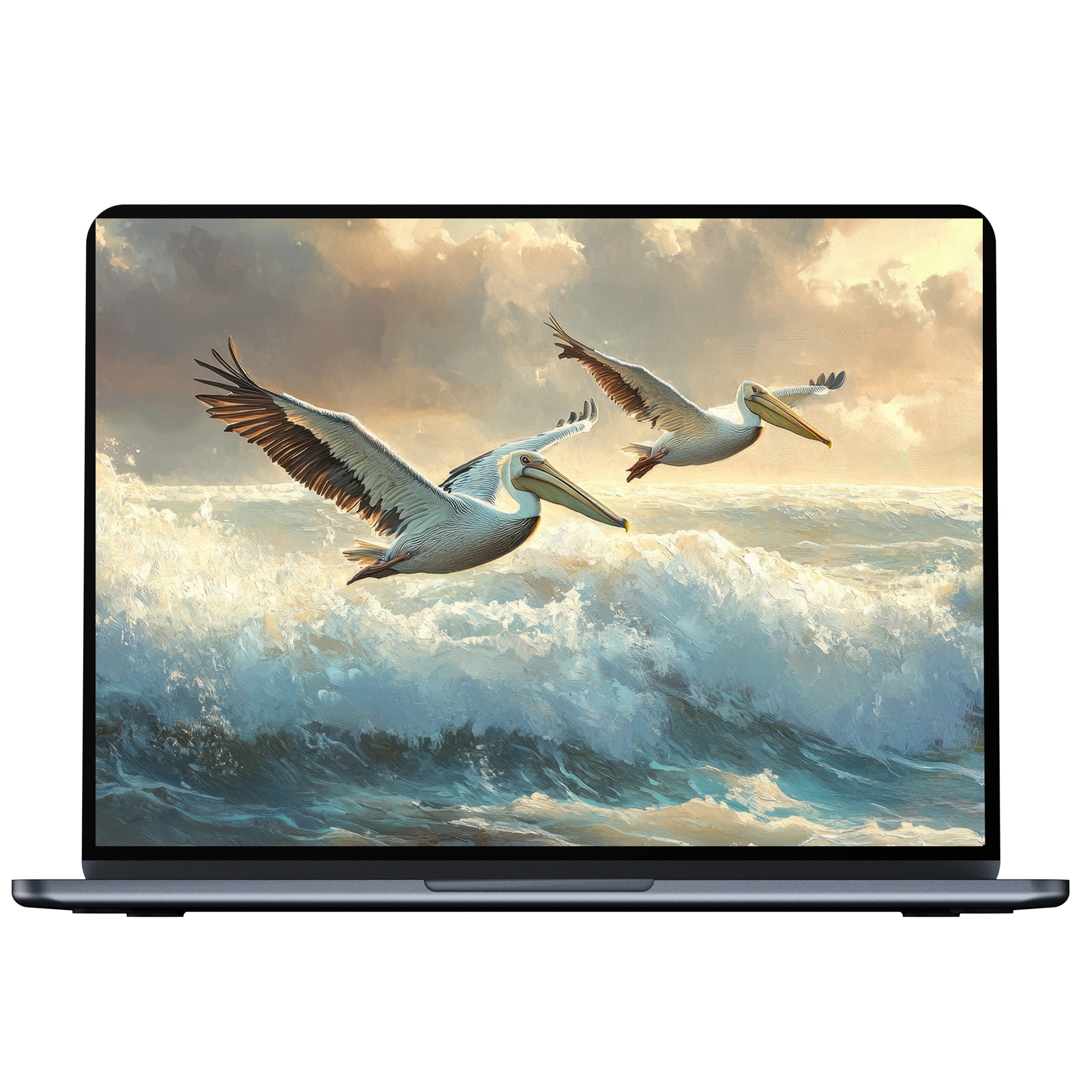 Coastal desktop wallpaper digital download with elegant pelicans over ocean waves offers calm and inspiration for PC and laptop screens