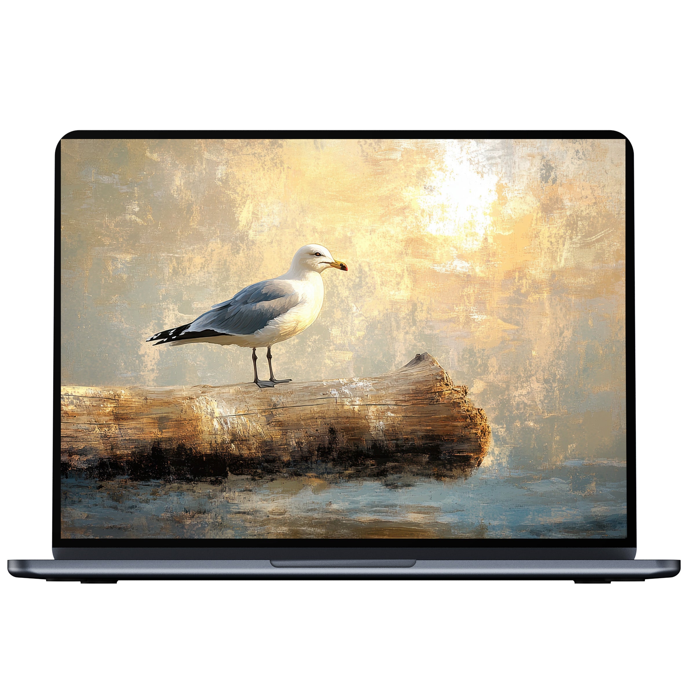 Elegant coastal desktop wallpaper with serene seagull and golden textures, perfect digital download for PC, laptop, Mac users seeking calm inspiration