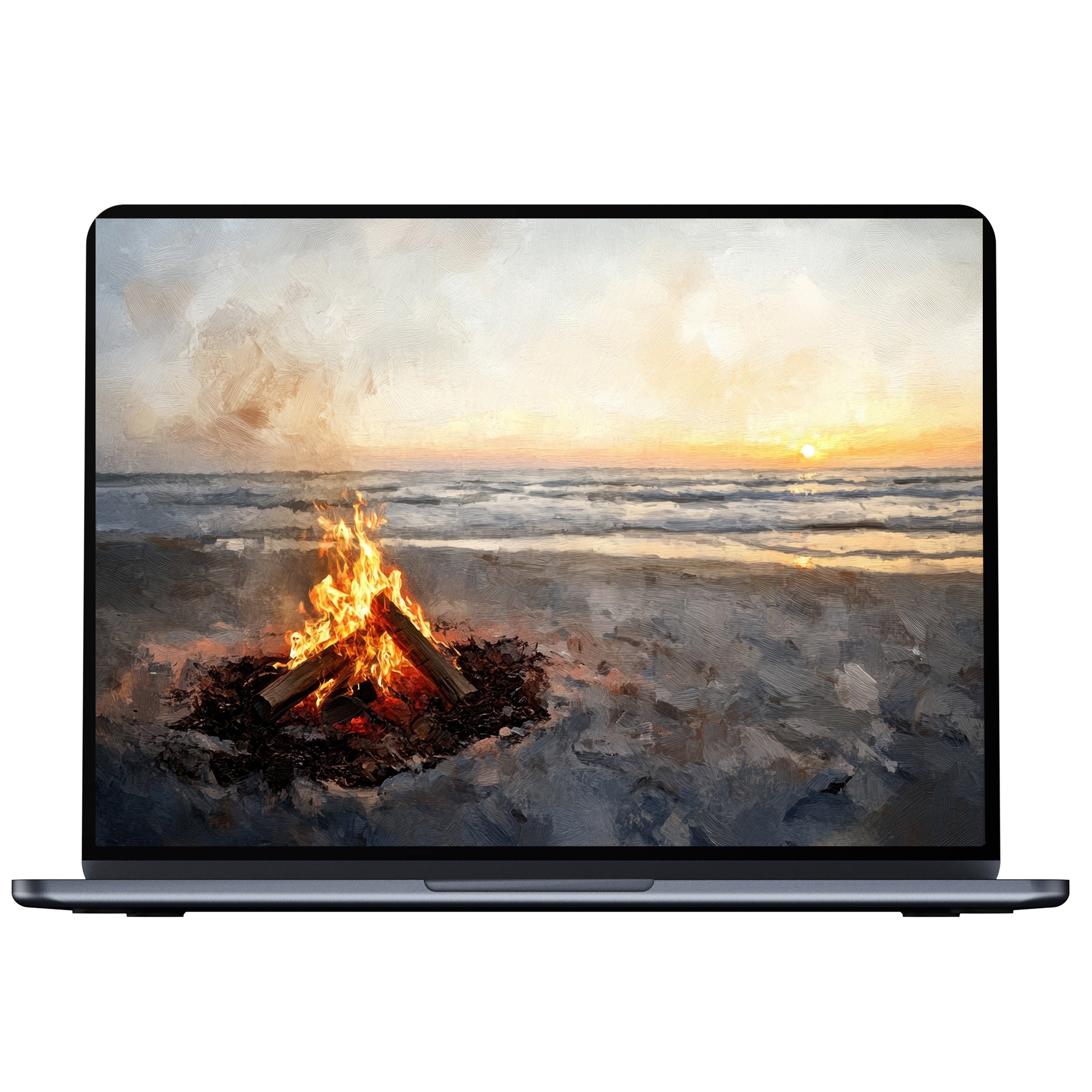 Coastal desktop wallpaper featuring a serene sunset and campfire on the beach in digital art style for PC, laptop, and Mac download