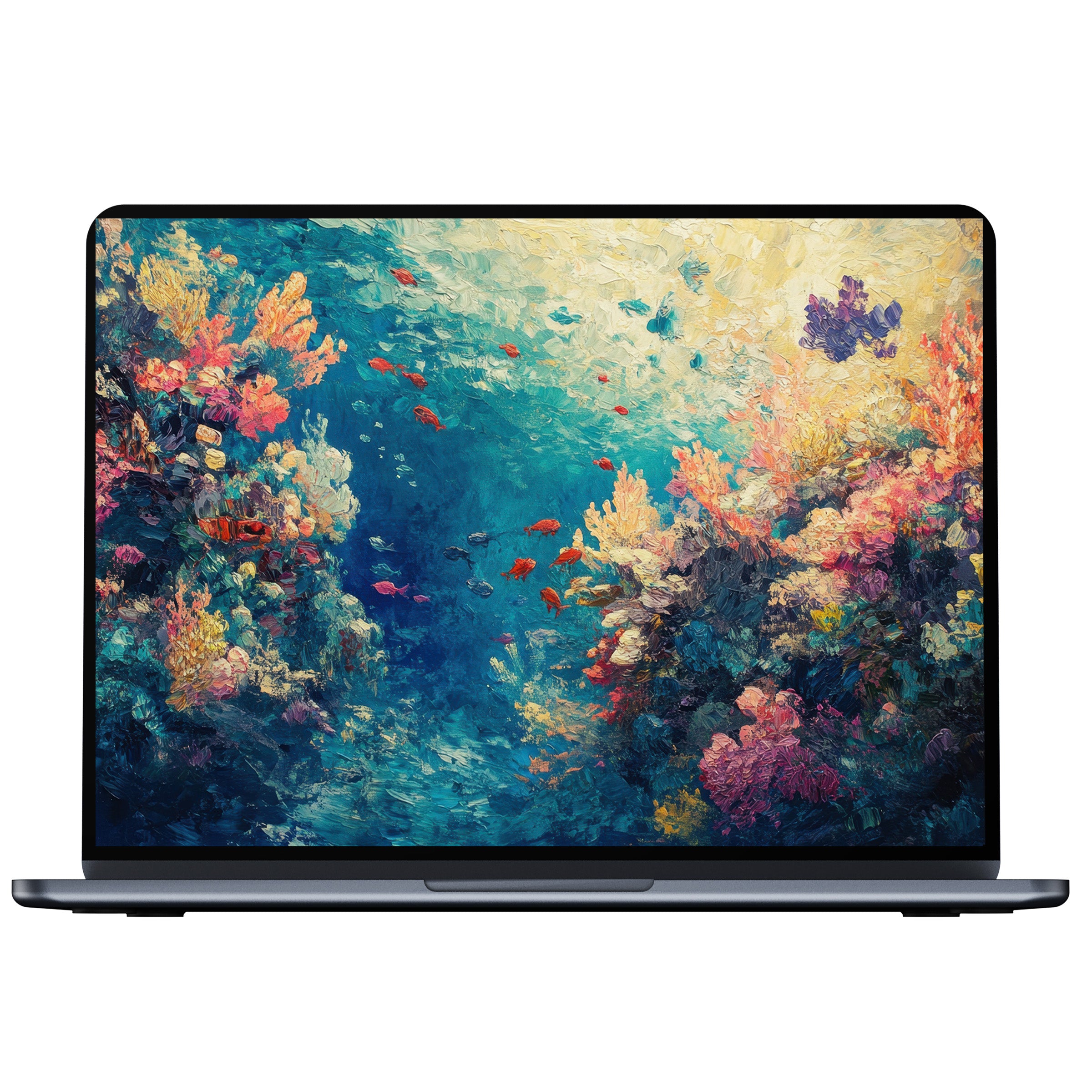 Vibrant coastal desktop wallpaper showcasing colorful coral reefs and marine life, perfect digital download for PC, Laptop, and Mac