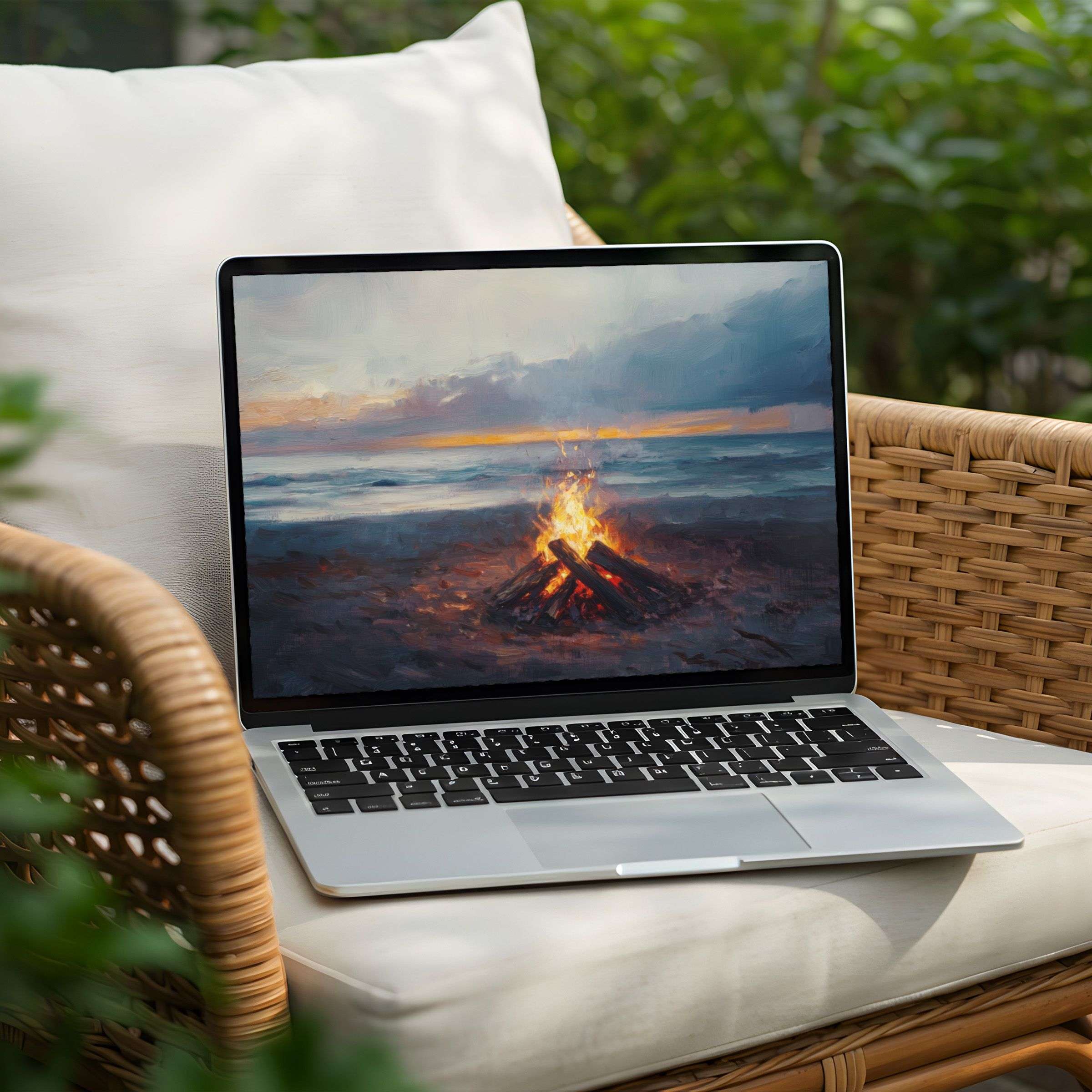 Soothing desktop background of a beach sunset with bonfire on a Laptop for instant download to inspire PC serenity
