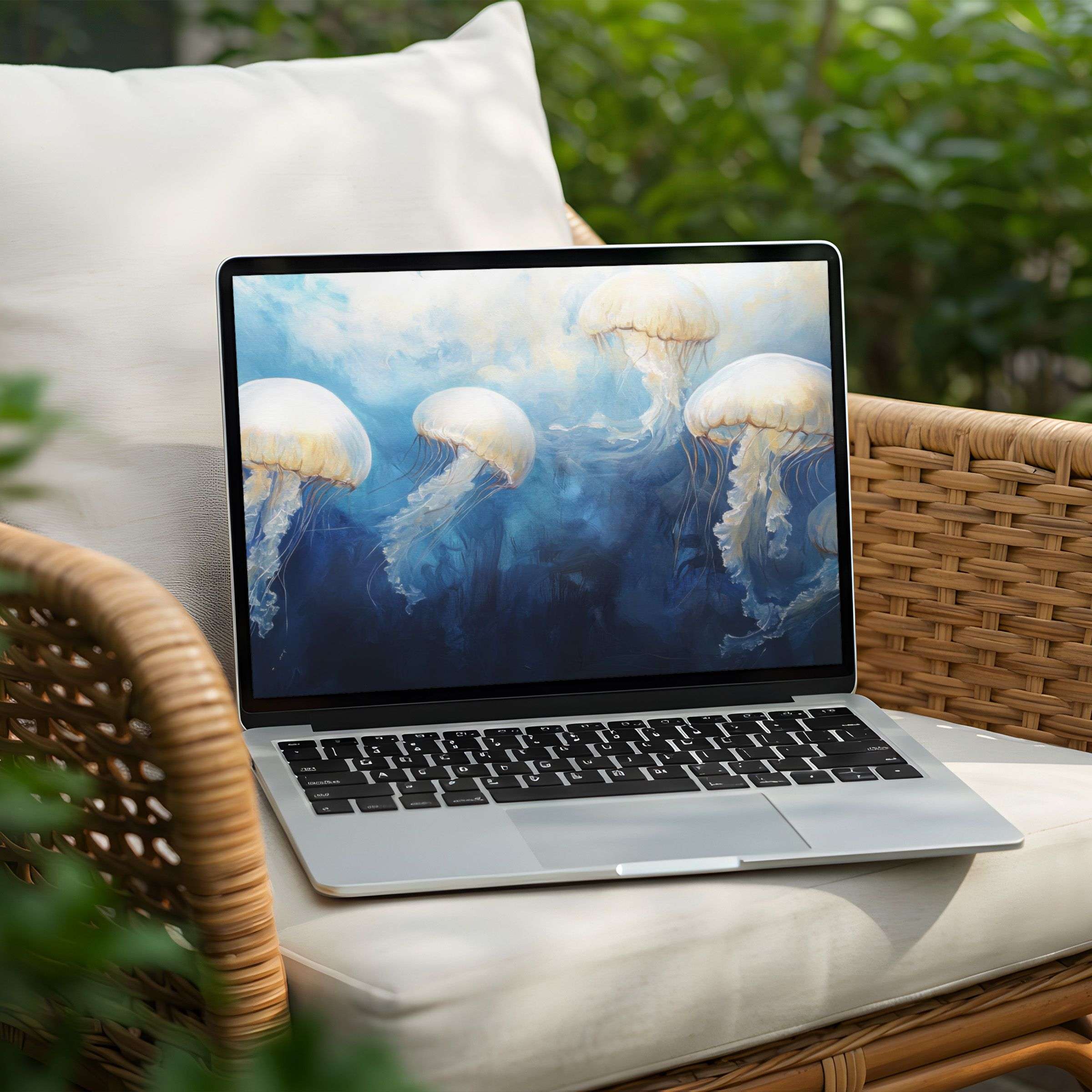 Elegant jellyfish art for desktop background on PC or laptop, calming instant download to inspire mindfulness and tranquility