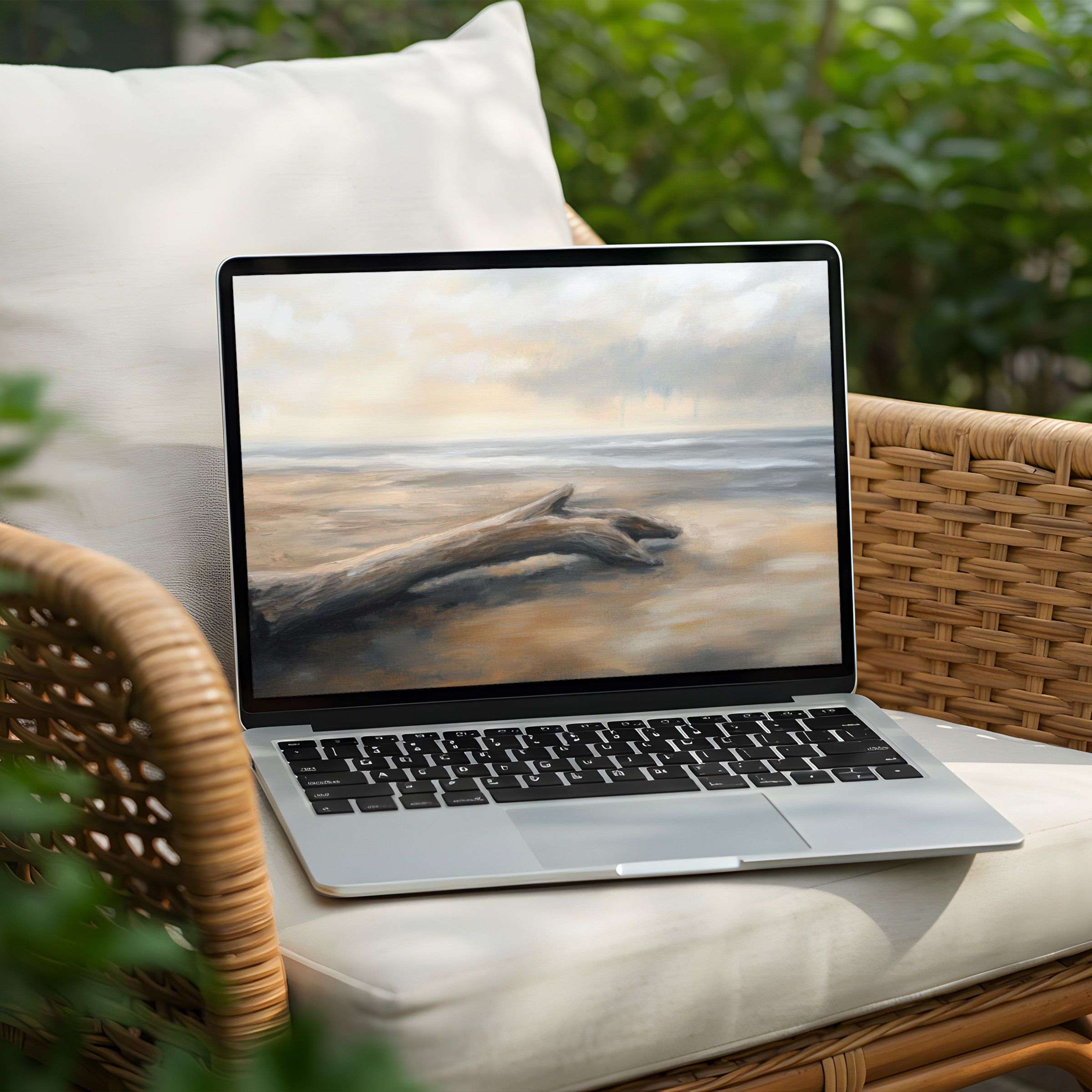 Calm and elegant beach-themed desktop background for PC and Laptop as an instant download to inspire mindfulness and creativity