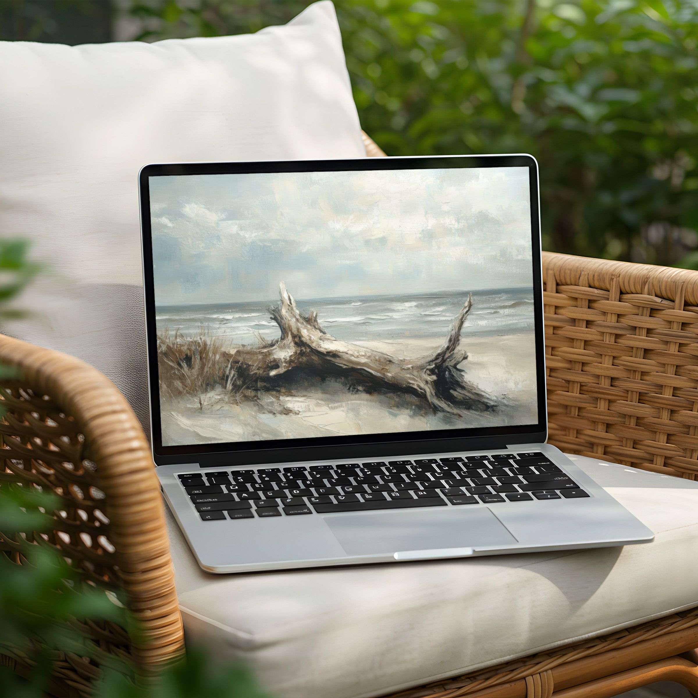 Serene driftwood beach scene as a desktop background for PC or Laptop instant download inspiring calm and elegance