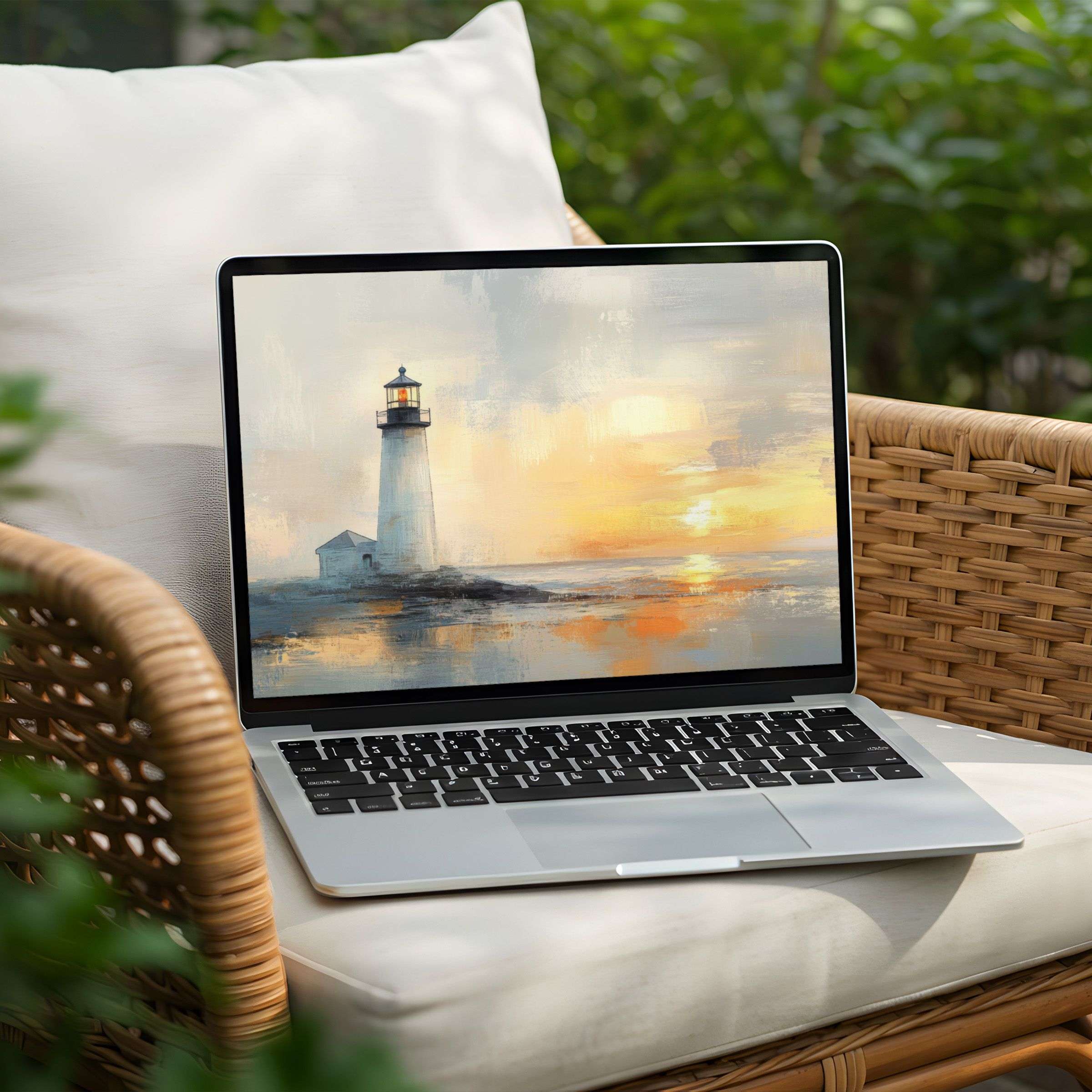 Serene lighthouse art desktop background for PC or Laptop instant download for calming inspiration and elegant mindfulness