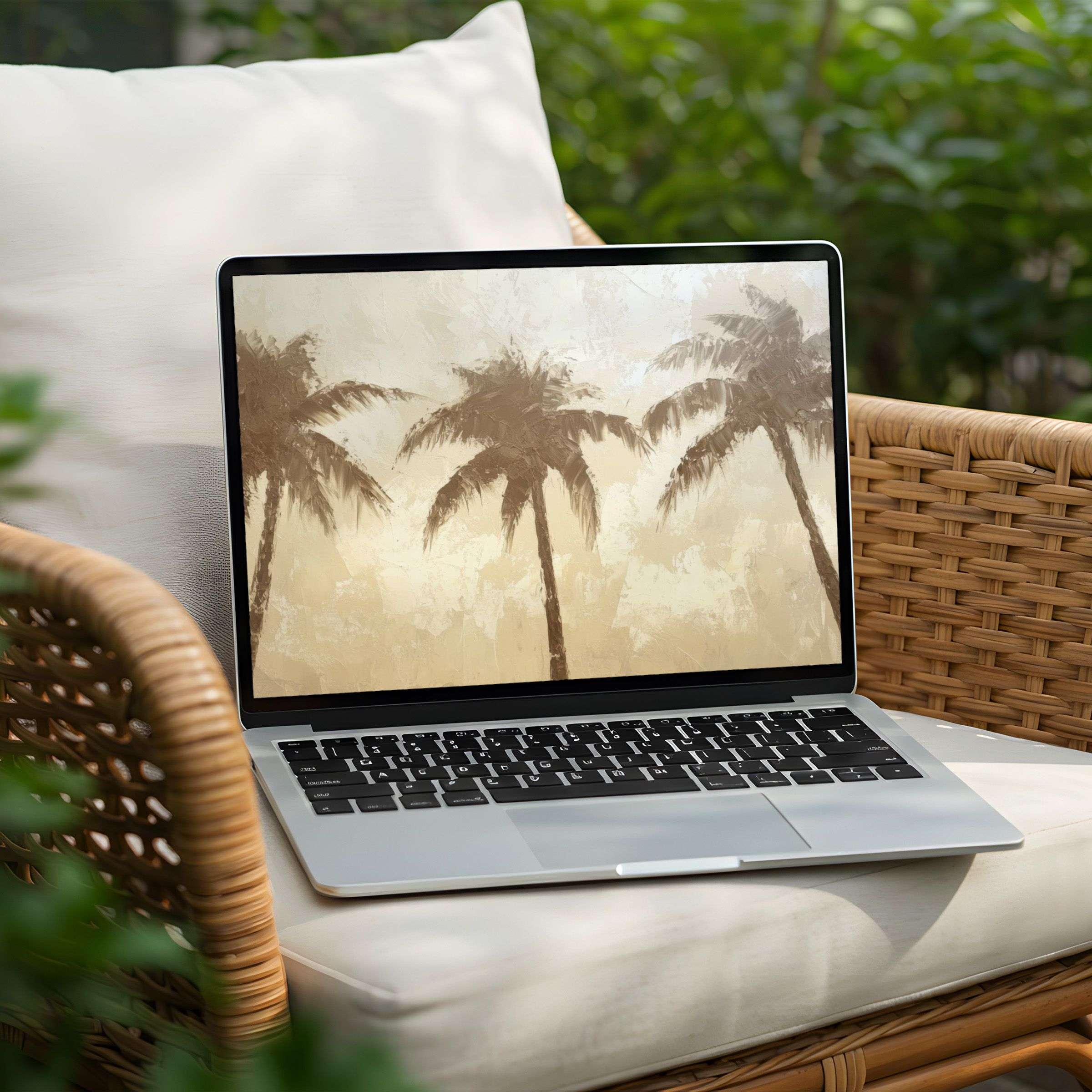 Elegant palm tree art on a PC or Laptop desktop background offers instant download for design-conscious zen and mindfulness enthusiasts