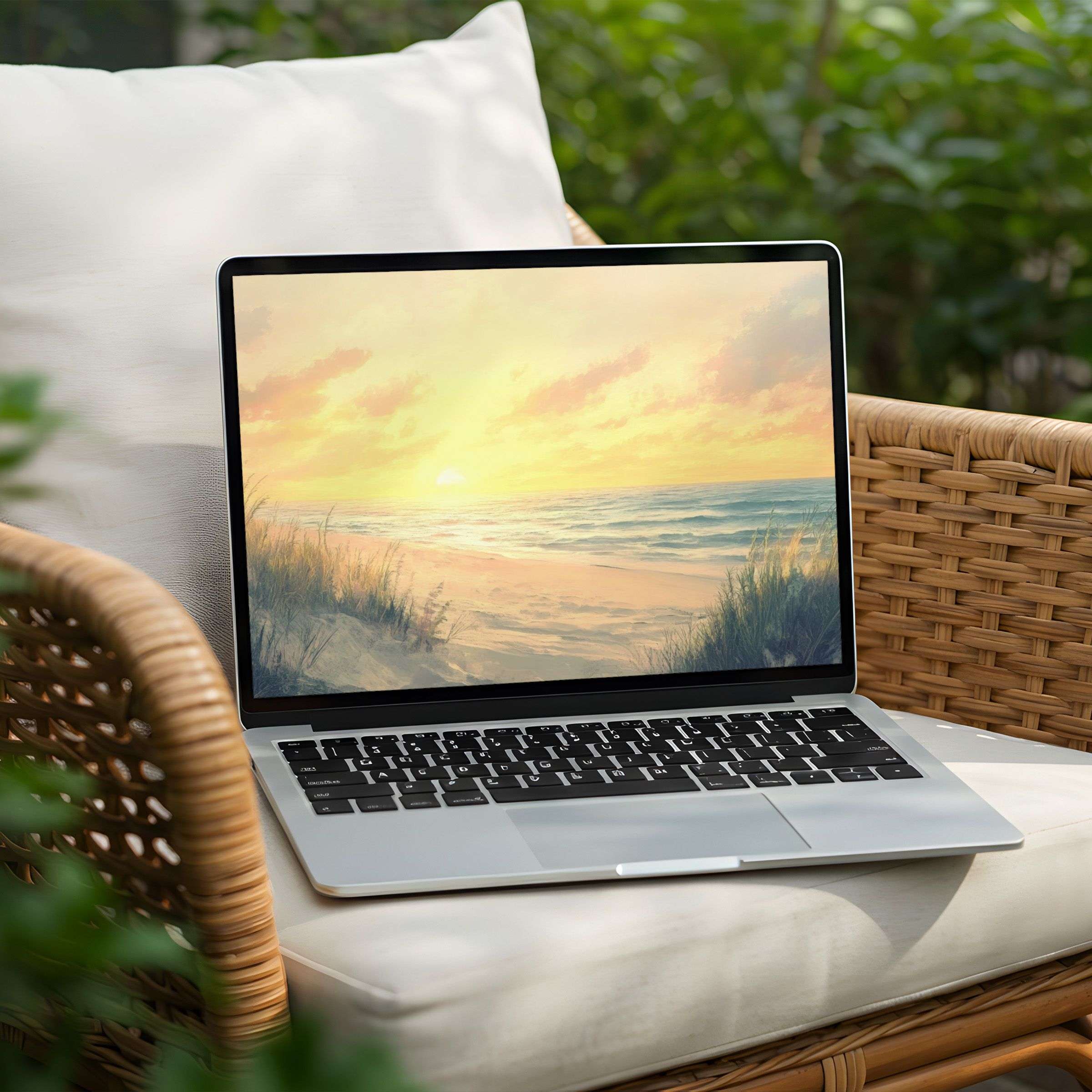 Serene beach sunset desktop background for PC and Laptop instant download elegant art evokes calm and inspirational mindfulness