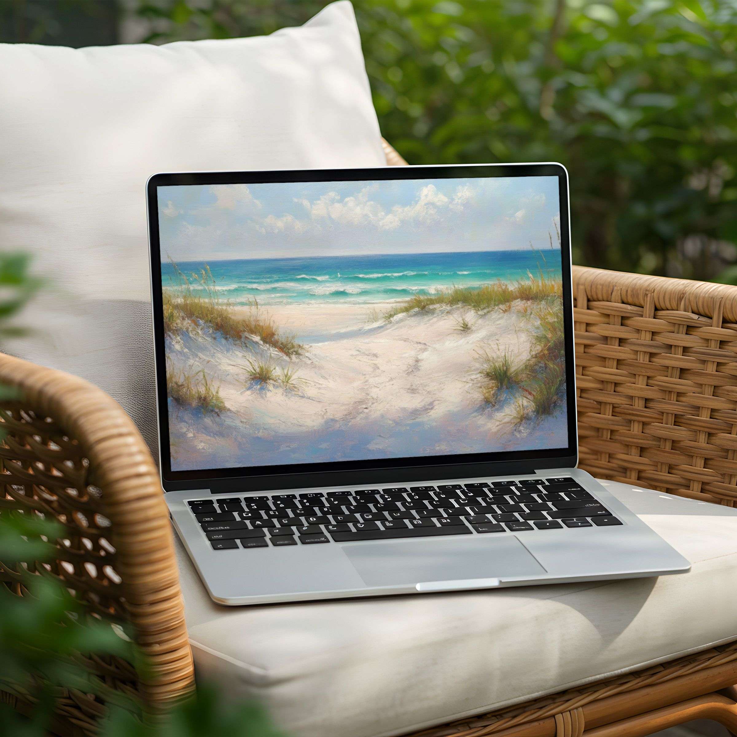 Serene beach scene desktop background for PC and Laptop instant download evokes calm and inspiration in elegant digital art style