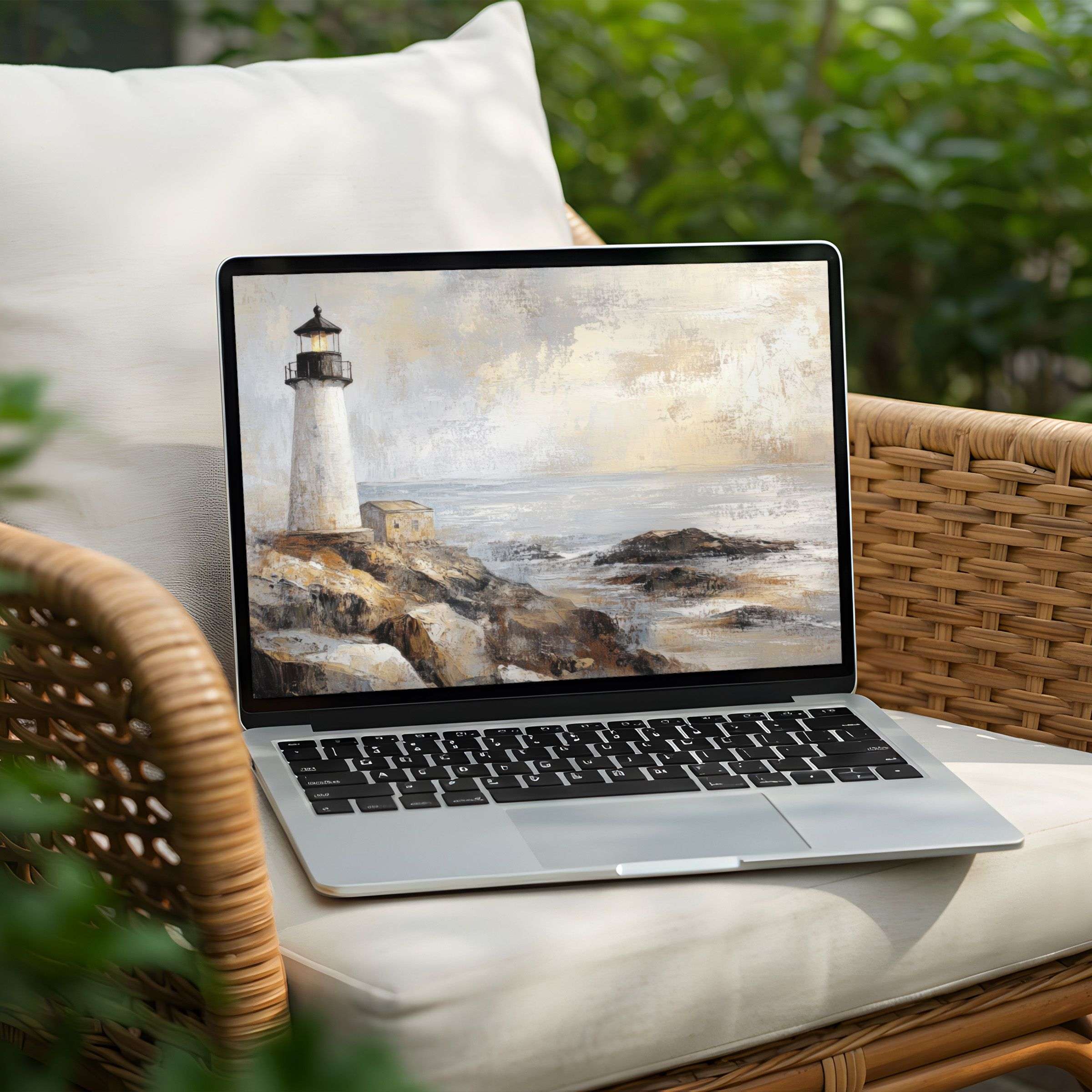 Elegant lighthouse painting desktop background for PC and Laptop, perfect for instant download, inspiring calm and mindfulness