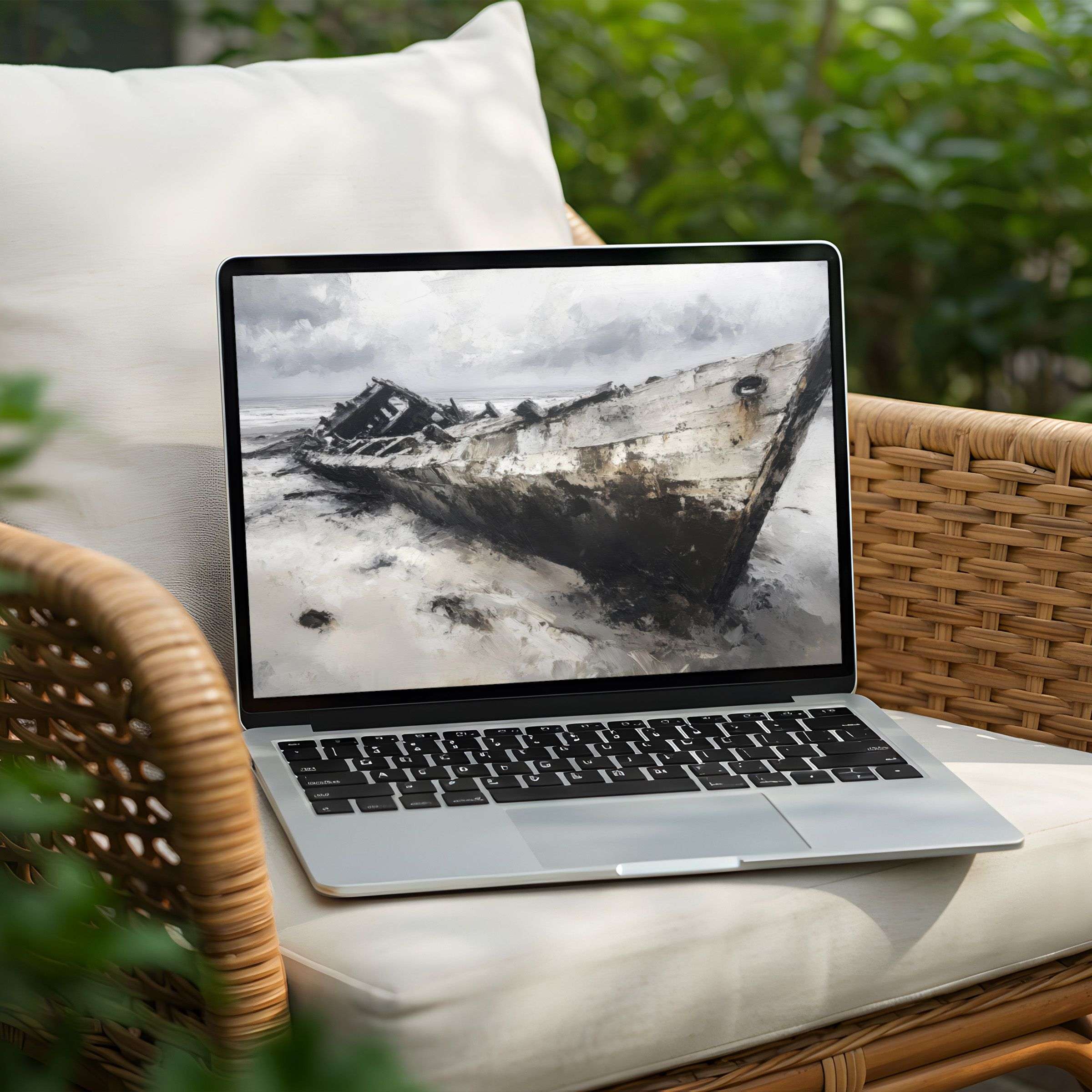 Serene shipwreck digital art as a desktop background for PC or Laptop, perfect for instant download and mindful elegance
