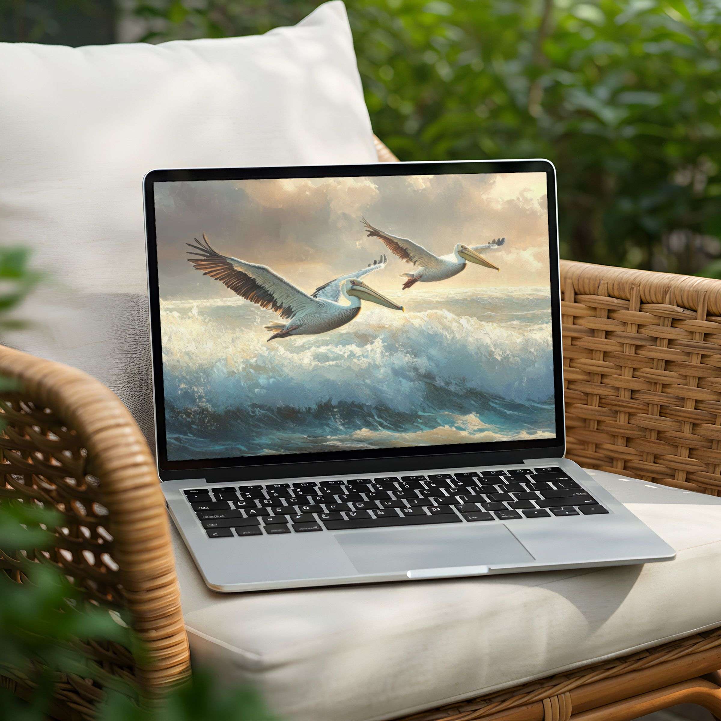 Serene ocean waves and flying pelicans create a calming desktop background for PC or Laptop instant download for mindful design lovers