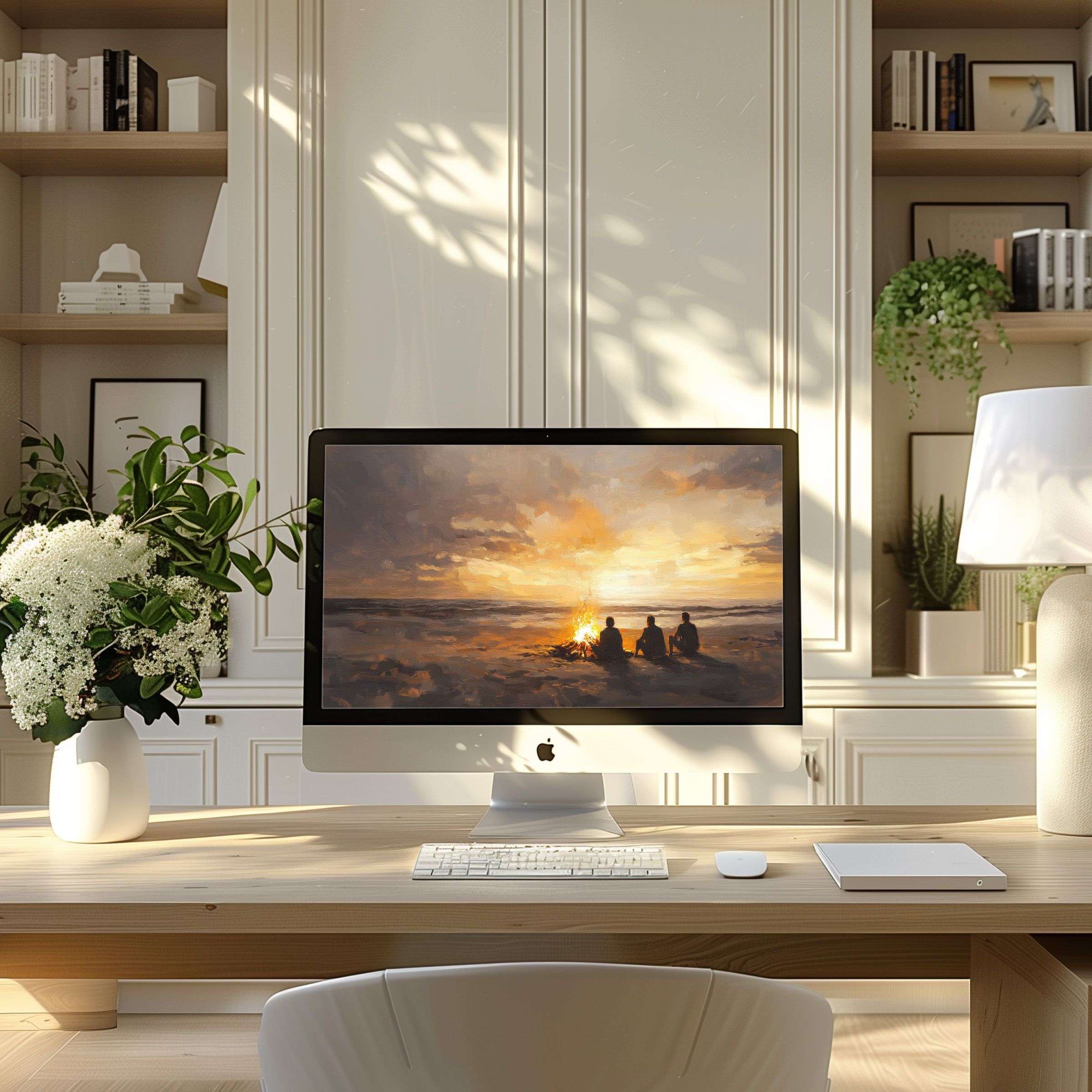 Elegant sunset beach art wallpaper for computer displays calm inspiration on PC and Laptop in modern sustainable home office