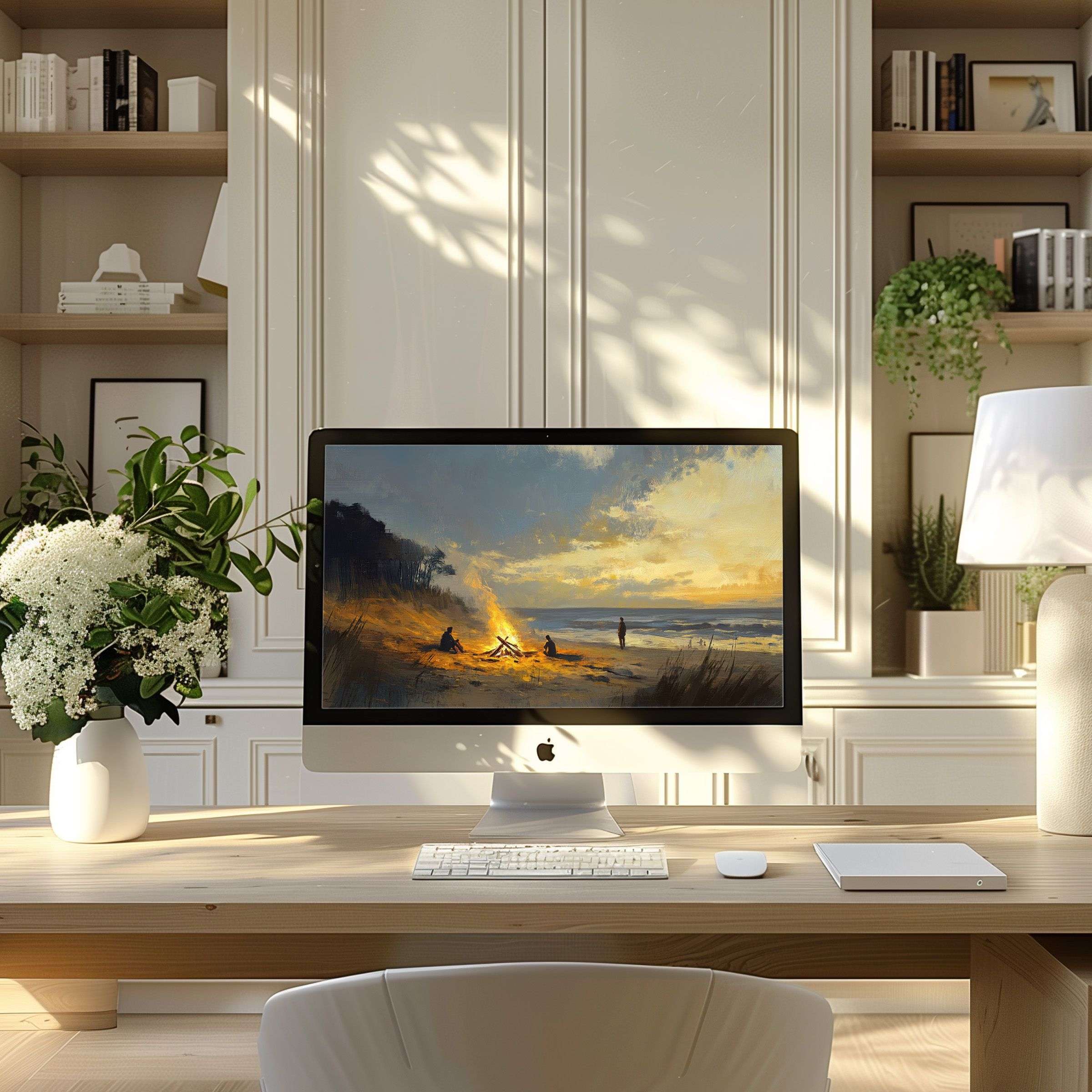 Elegant digital artwork features a serene beach bonfire scene, perfect as a wallpaper for computer, PC, or laptop in modern home offices
