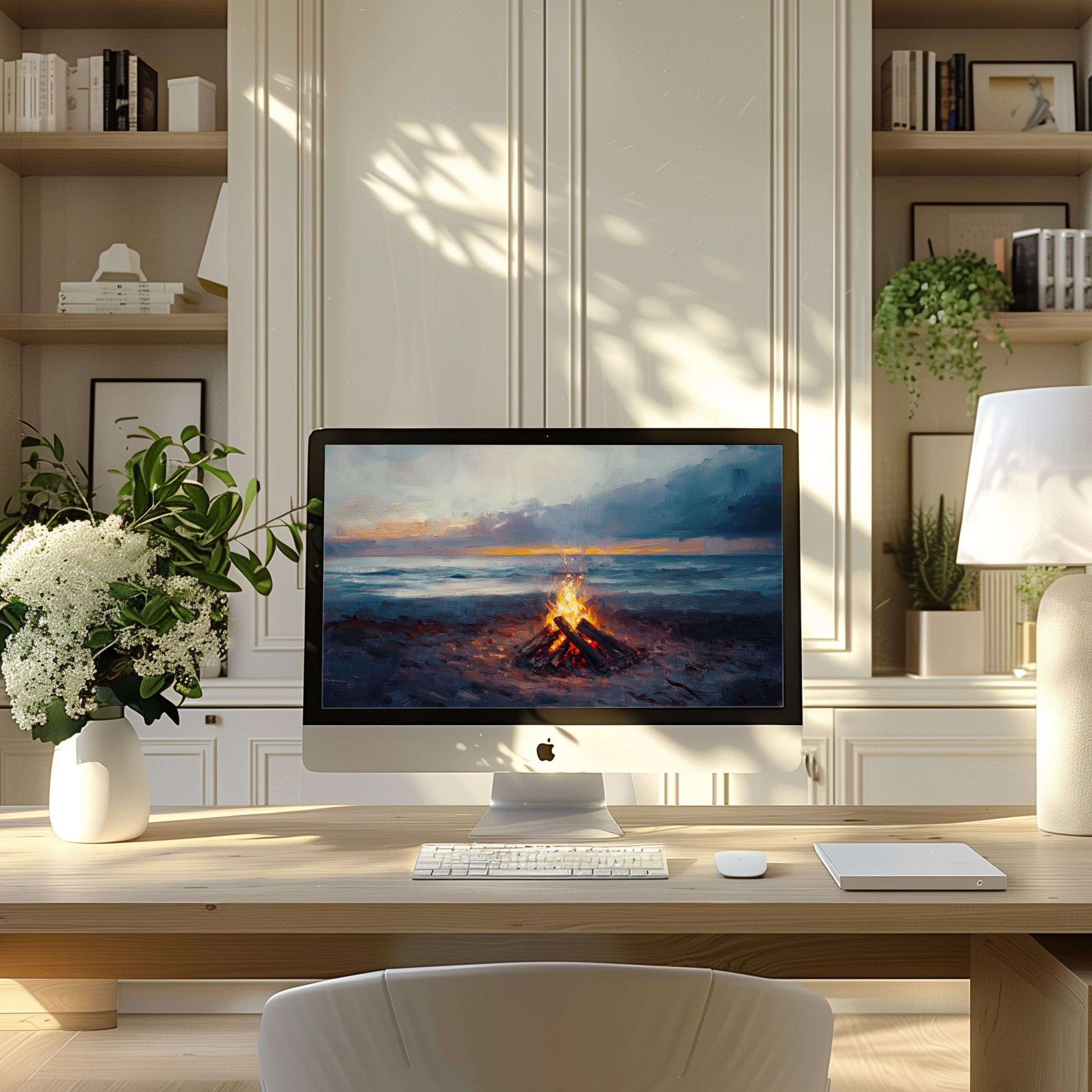 Inspiring beach bonfire art wallpaper for computer brings calm and elegance to your PC or laptop in a modern home office setting