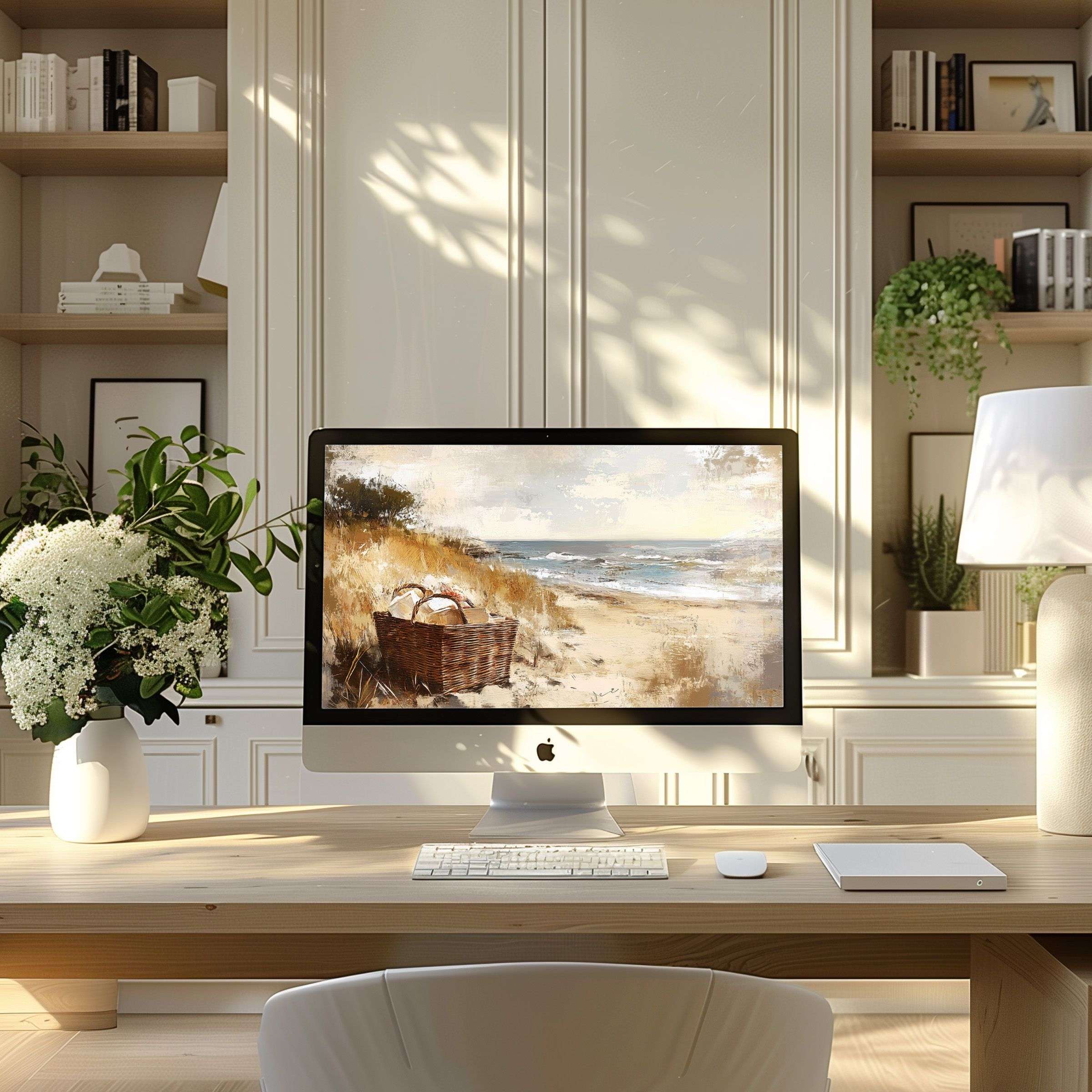 Elegant digital art wallpaper for computer, ideal for PC or Laptop, offers calm inspiration in a modern, serene home office setting
