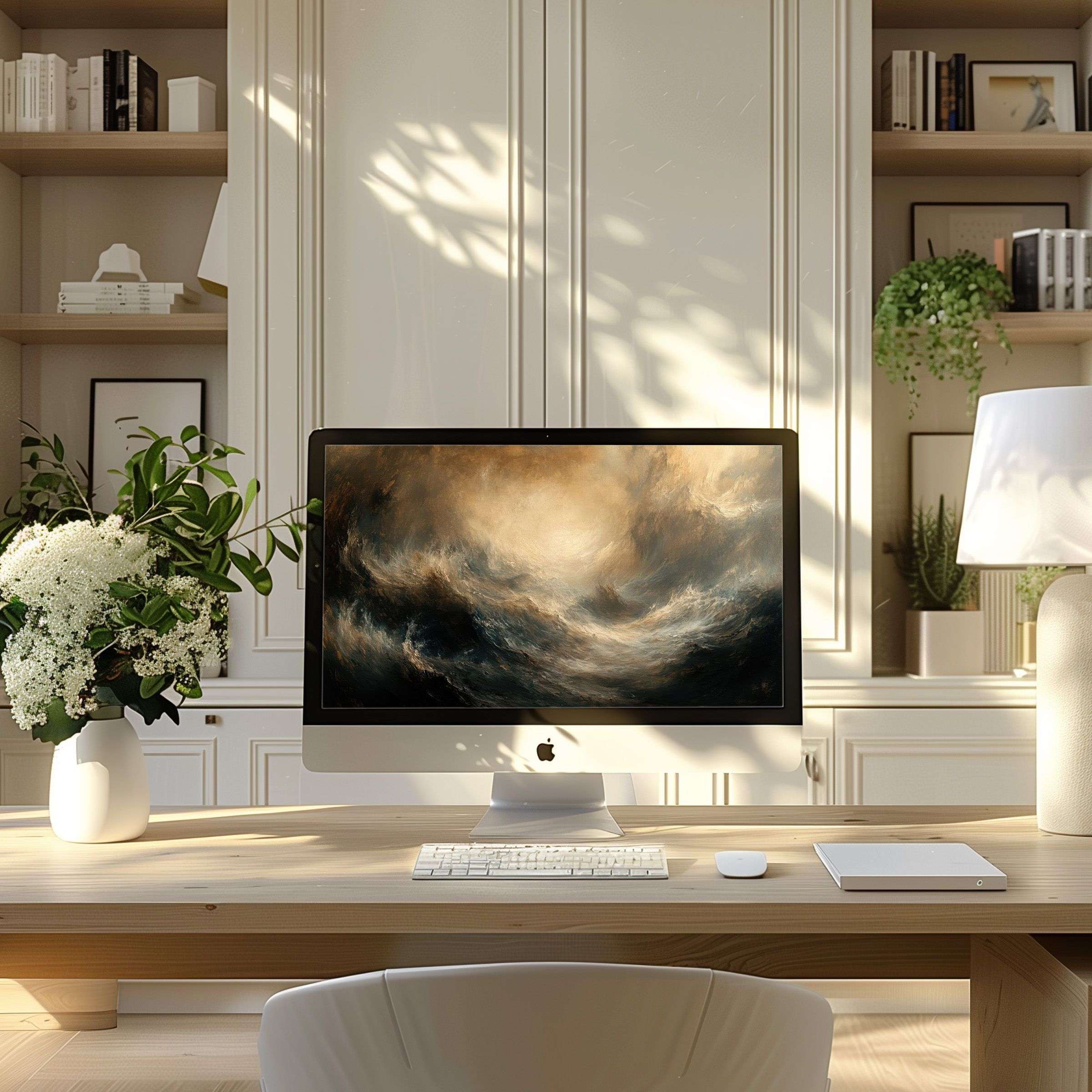 Elegant digital art wallpaper for computer in serene home office setting enhances PC and laptop screens with calming inspiration