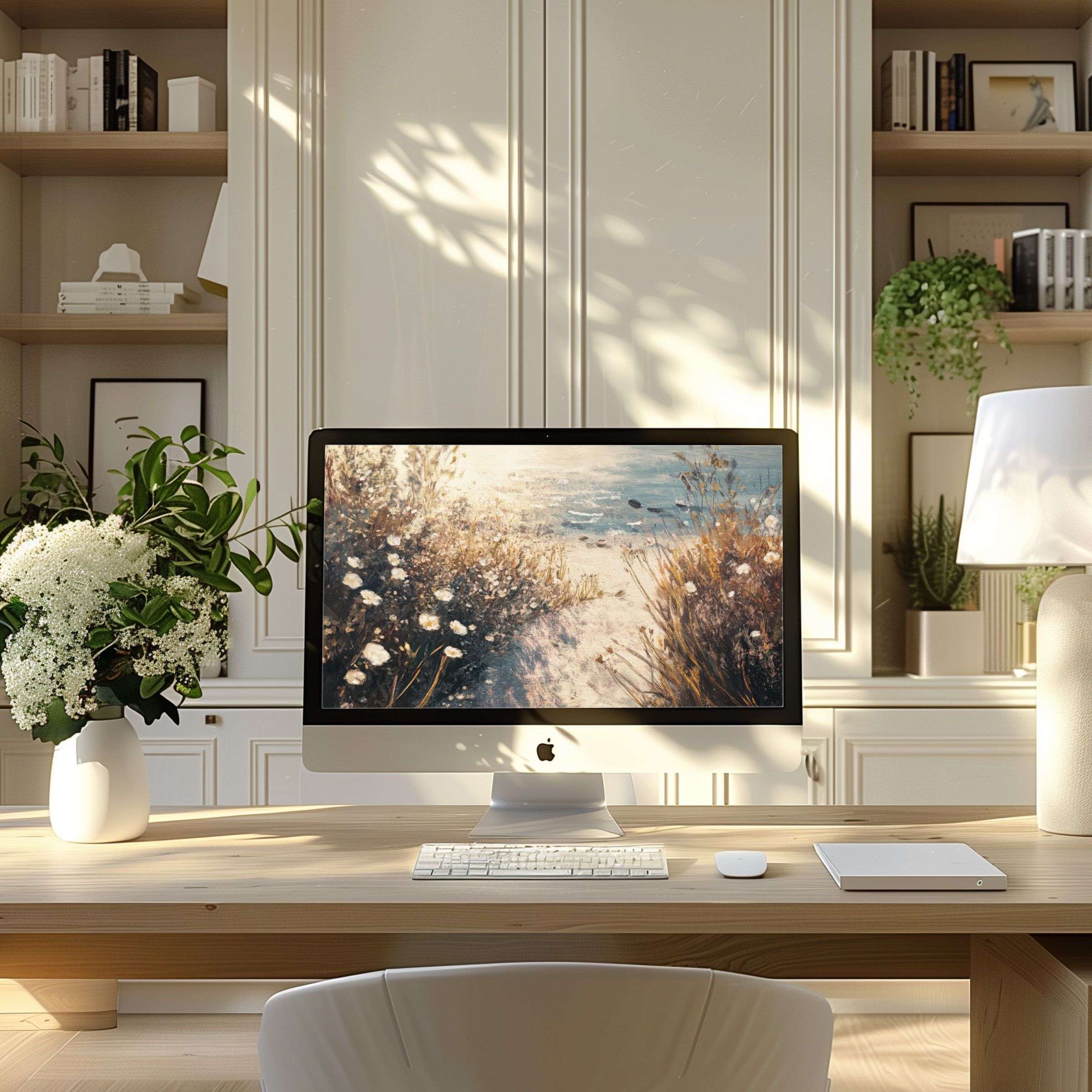 Elegant nature-inspired wallpaper for computer adds calm and inspiration to a modern home office setup on PC or laptop