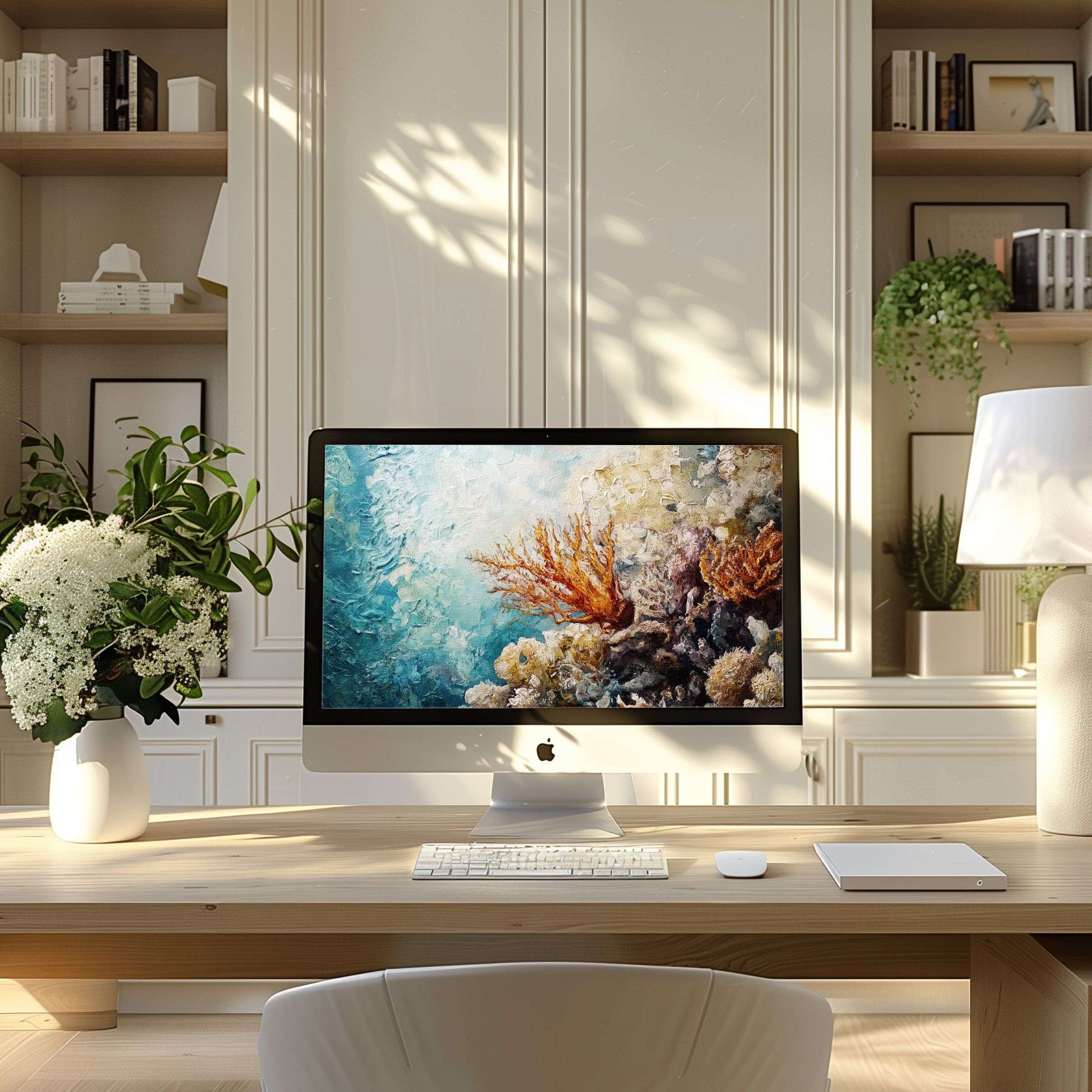 Elegant coral-themed wallpaper for computer brings calm inspiration to your modern home office, ideal for PC or laptop use