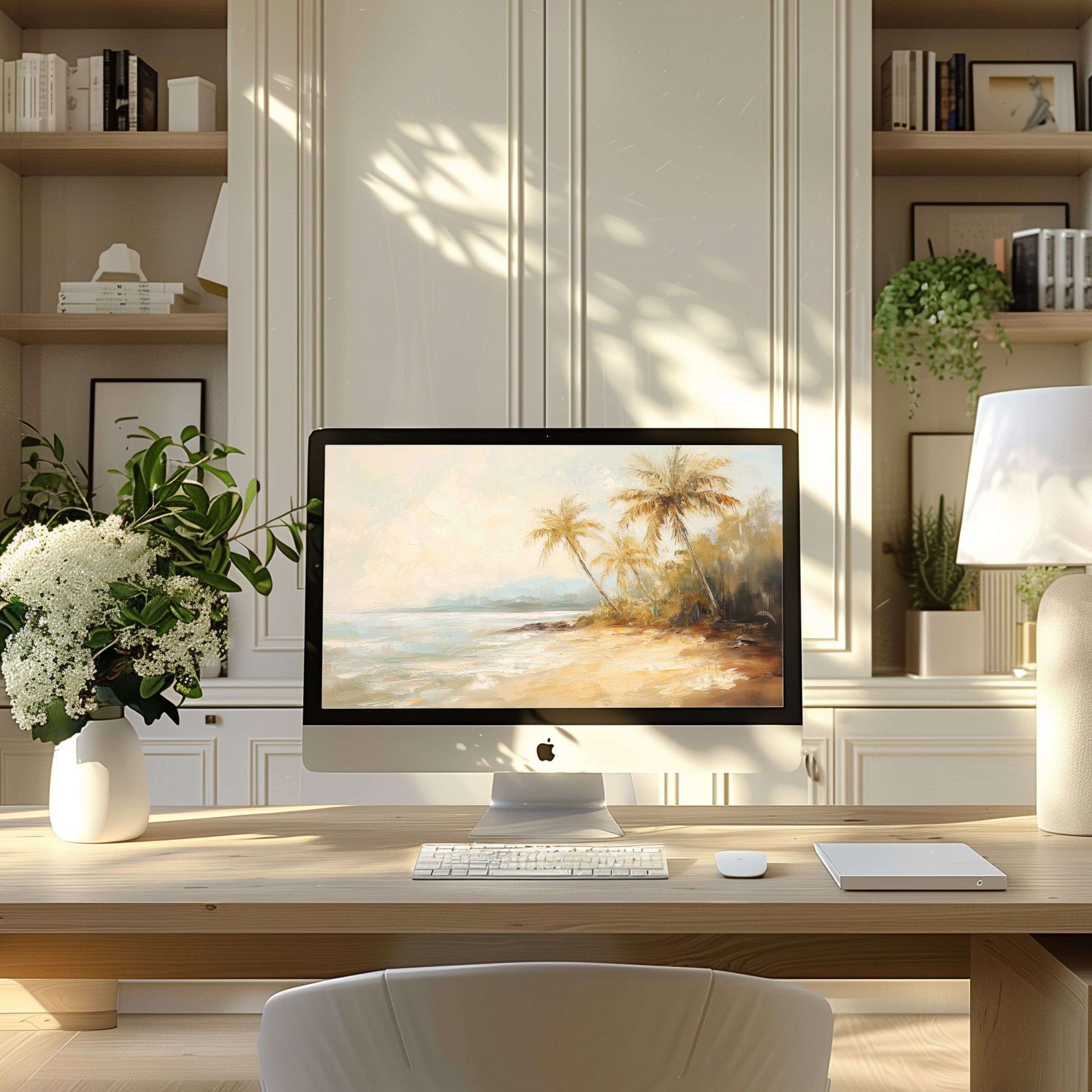 Elegant beach scene wallpaper for computer inspires calm and fits any PC or laptop in a serene, modern home office setting