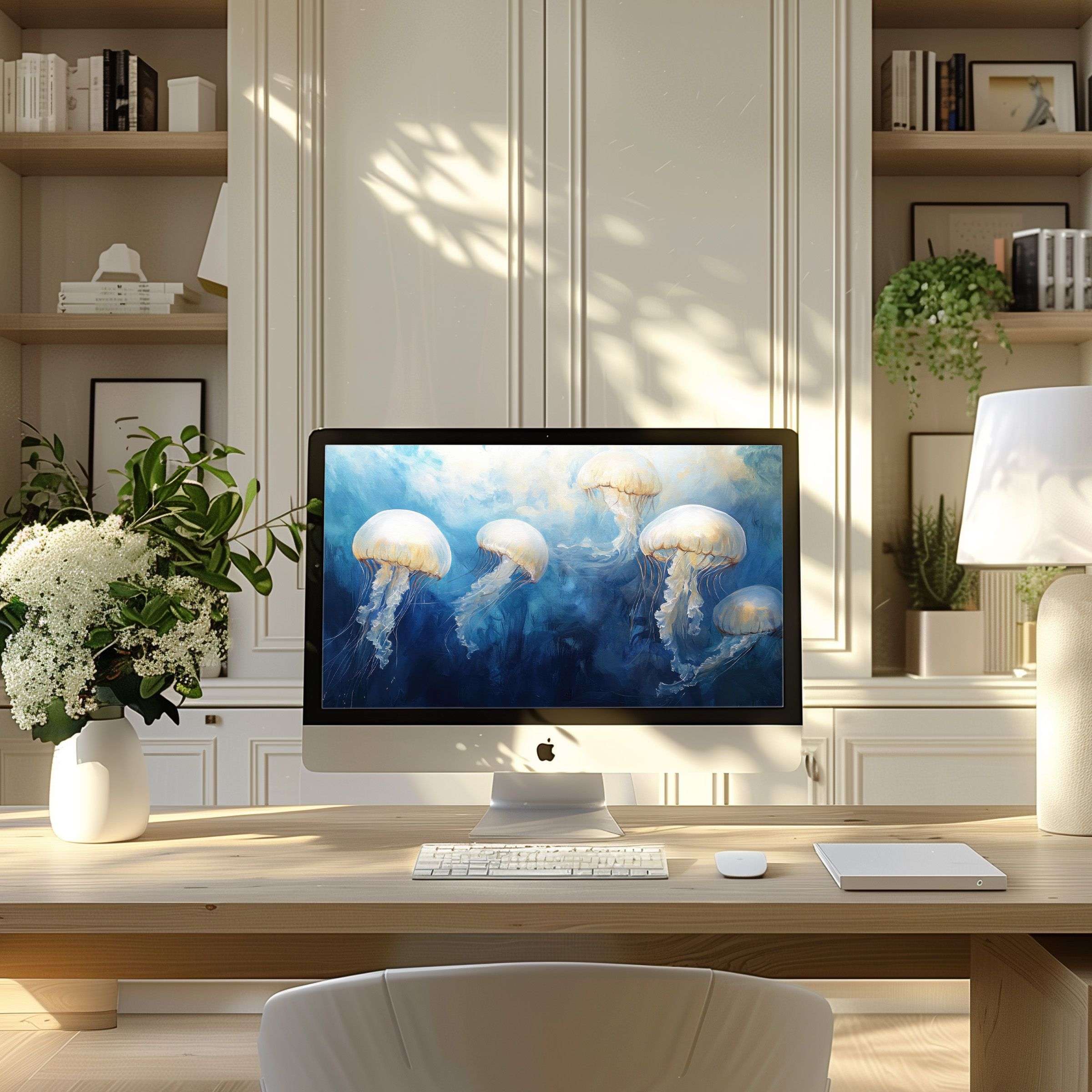 Floating jellyfish digital art brings calm elegance to a modern home office with wallpaper for computer PC and laptop use