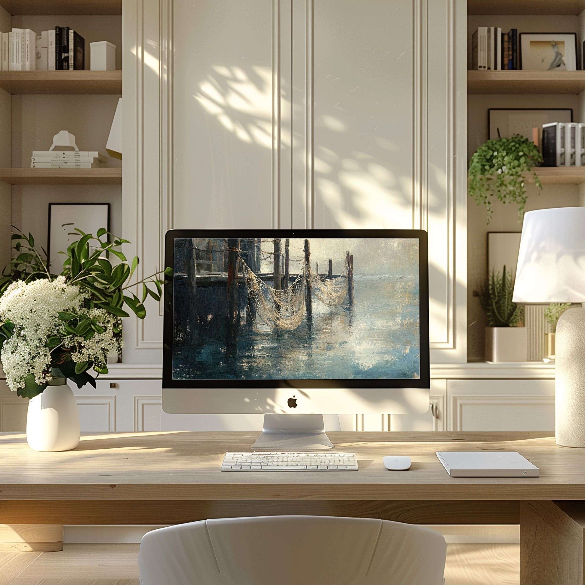 Elegant watercolor canal scene, perfect wallpaper for computer and laptop, enhances modern PC setups, evoking calm inspiration