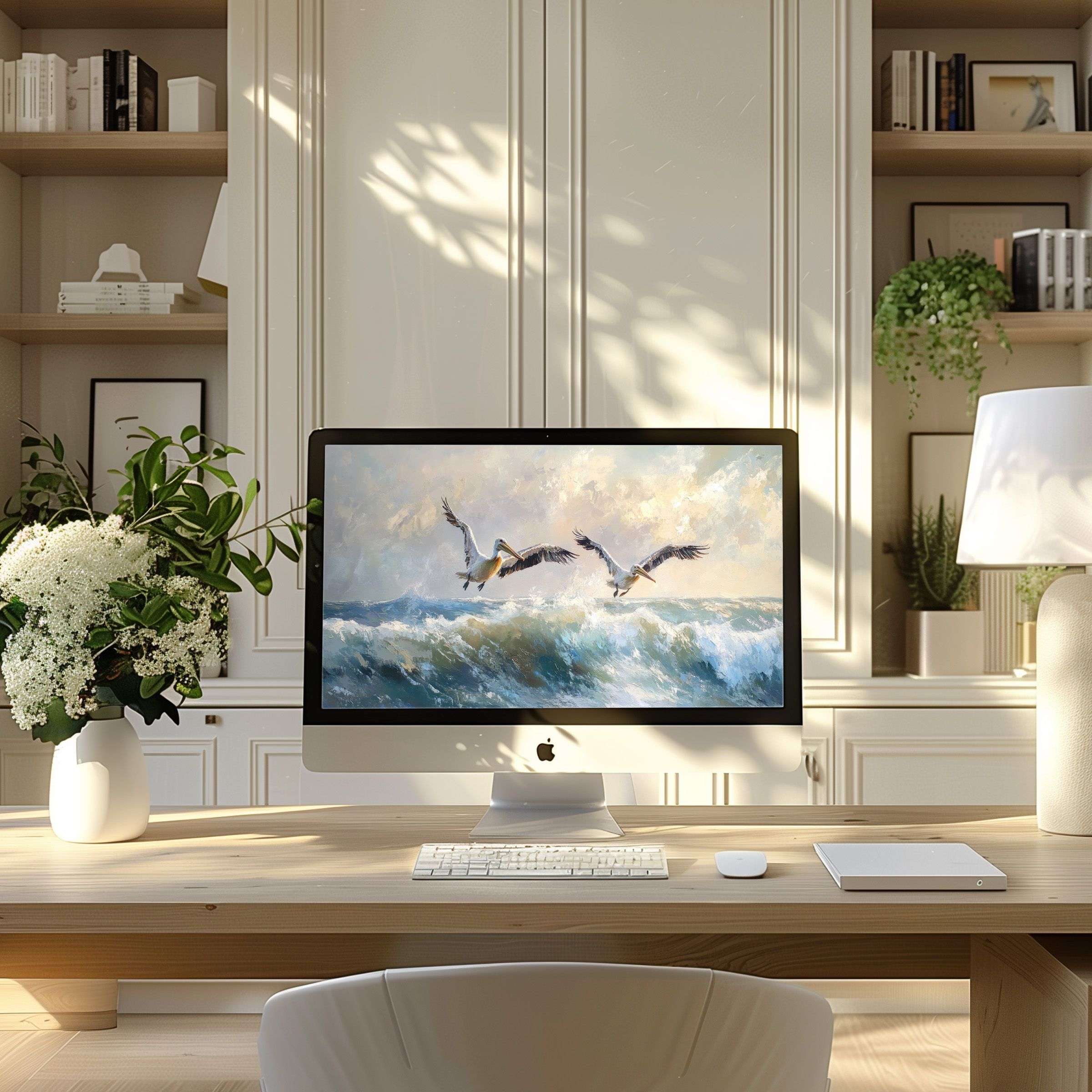 Elegant seascape artwork wallpaper for computer, PC, and laptop, enhancing modern home office décor with calm, inspiring vibes