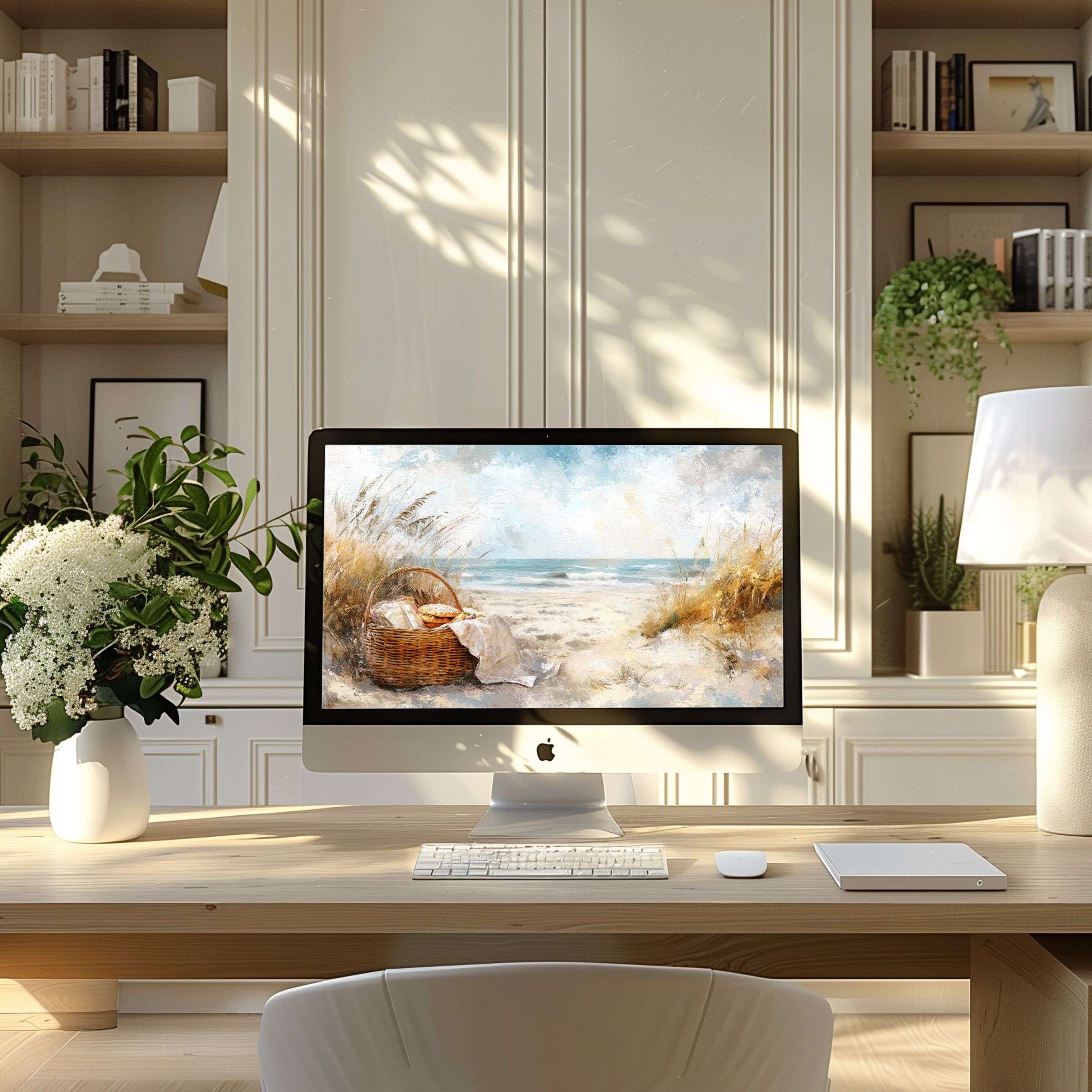 Inspire elegance with this calming seascape digital art wallpaper for computer, ideal for PC and laptop in a modern home office