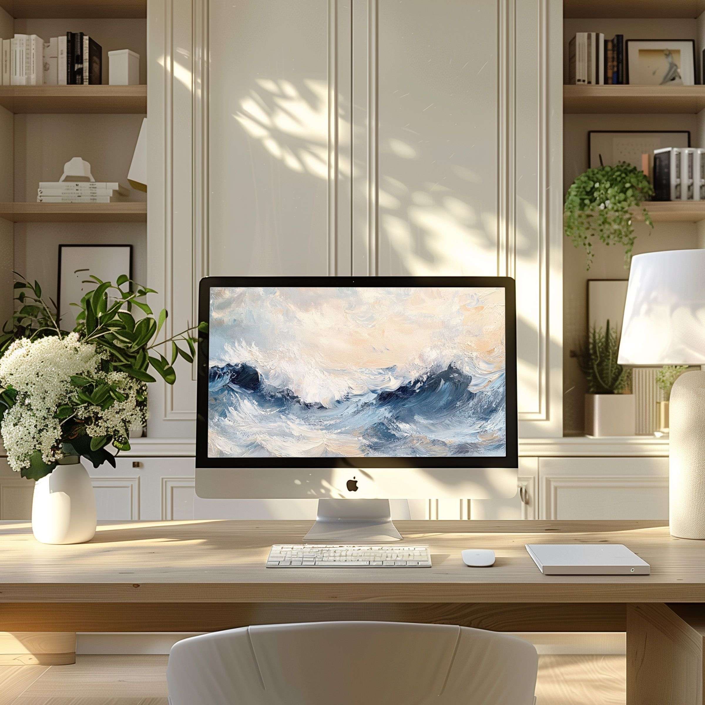 Calming ocean wave digital art, ideal wallpaper for computer, PC, and laptop, transforms modern home office with elegance and inspiration