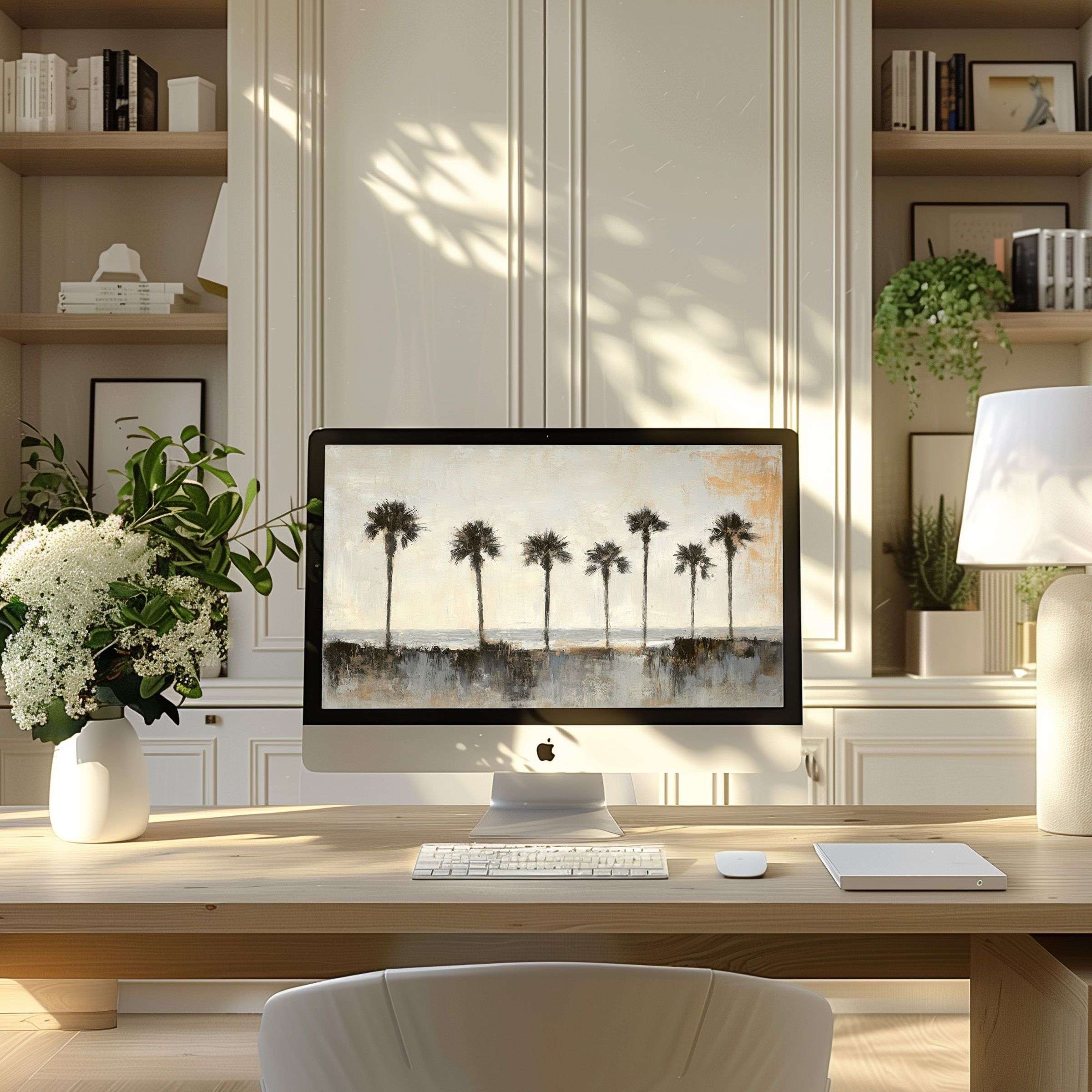 Elegant palm motif wallpaper for computer in chic home office evokes calm inspiration; fits PC, Laptop, ultrawide screens