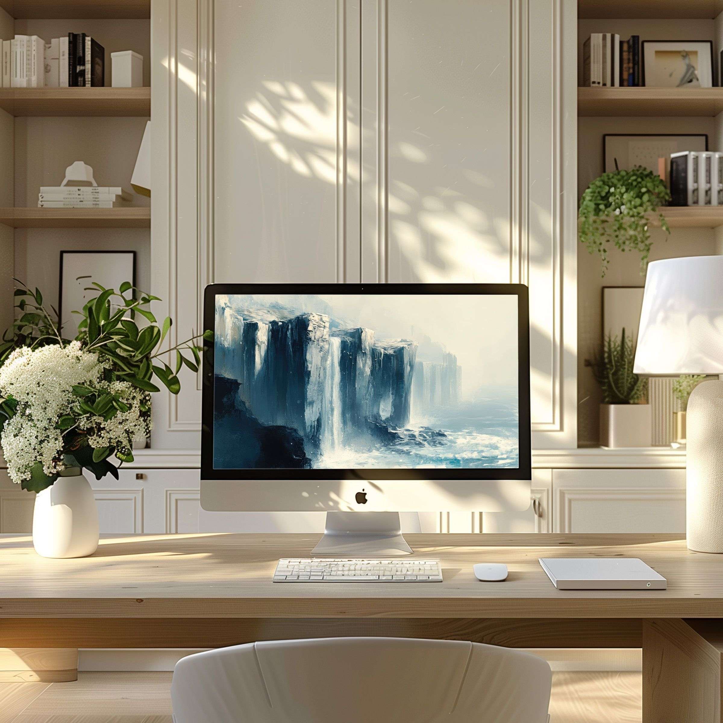 Elegant waterfall wallpaper for computer brings calming vibes to modern home office; fits PC, laptop, ultrawide screens