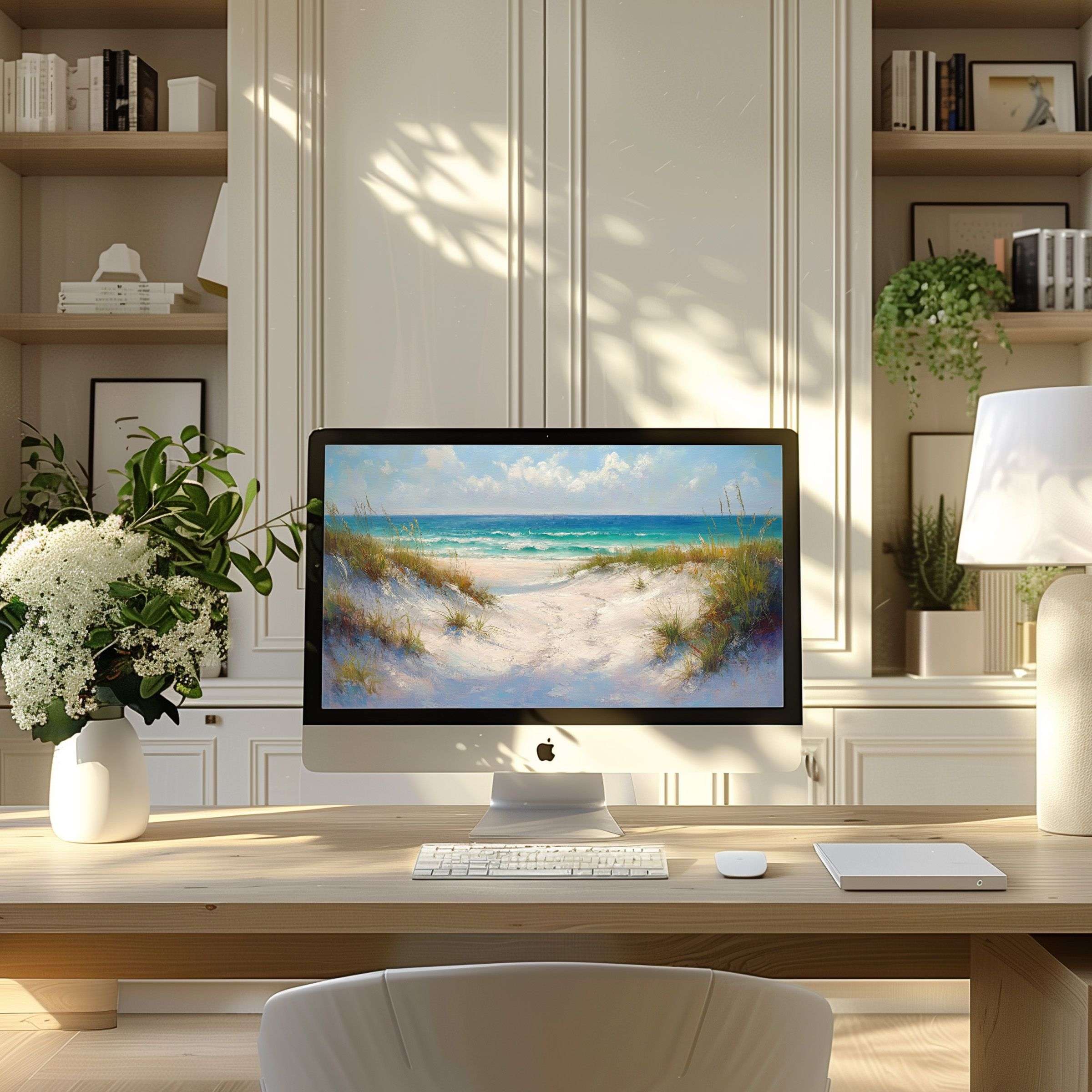 Elegant beach scene wallpaper for computer infuses calm elegance into modern home office decor, perfect for PC and laptop use