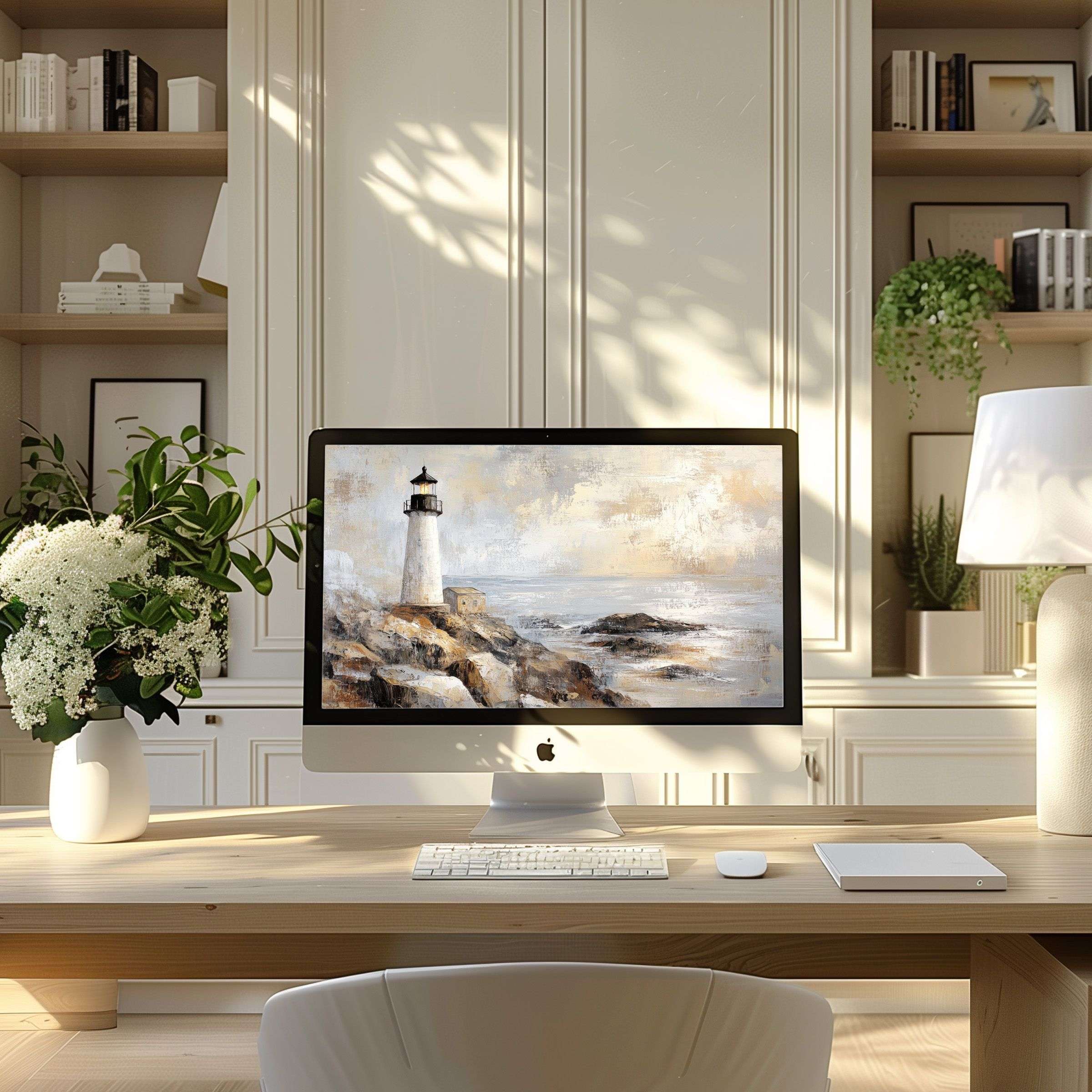 Elegant lighthouse art wallpaper for computer adds calm inspiration to any modern PC or laptop setup digital download ready