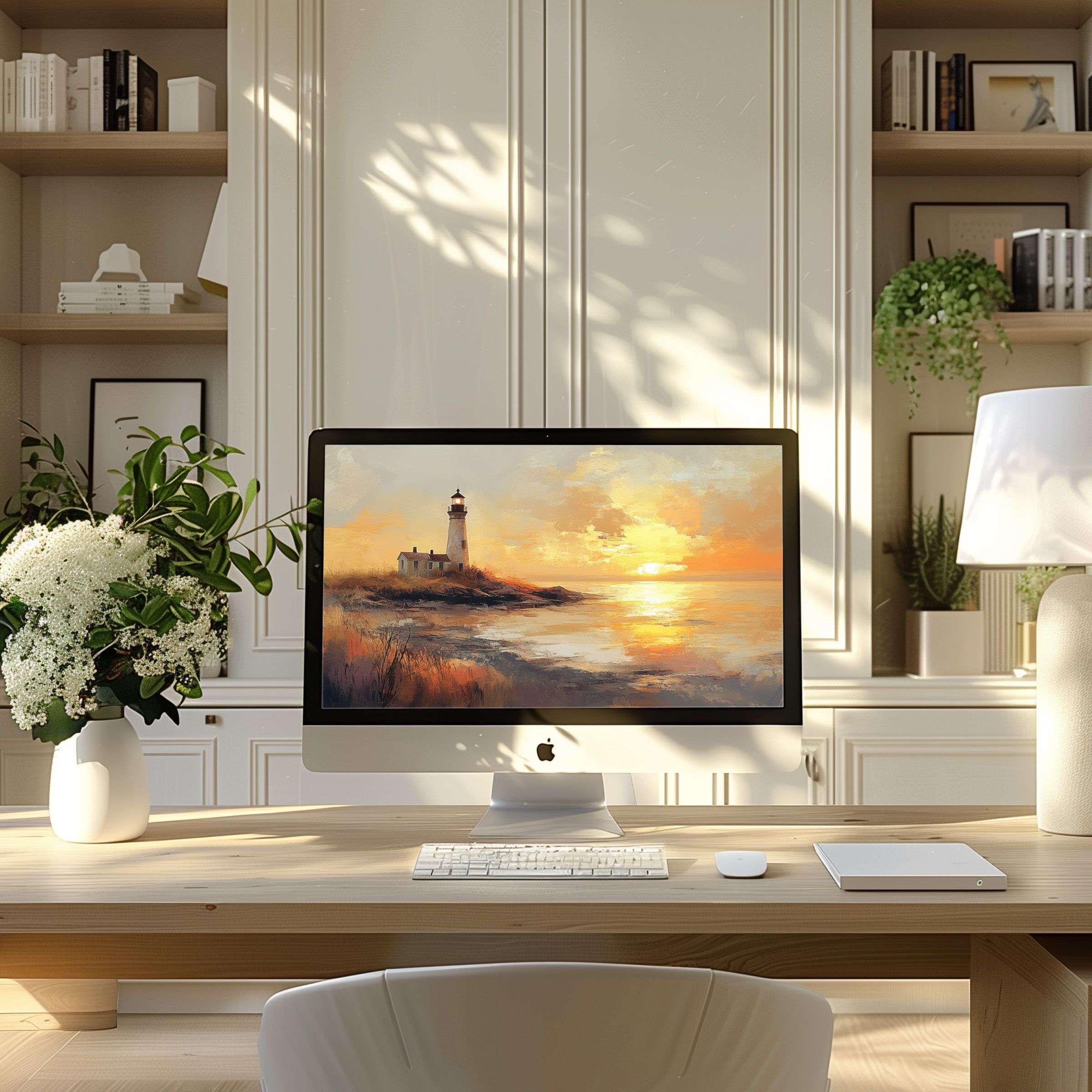 Lighthouse seascape wallpaper for computer enhances modern home office with elegance, inspiration, and calm for PC and Laptop use