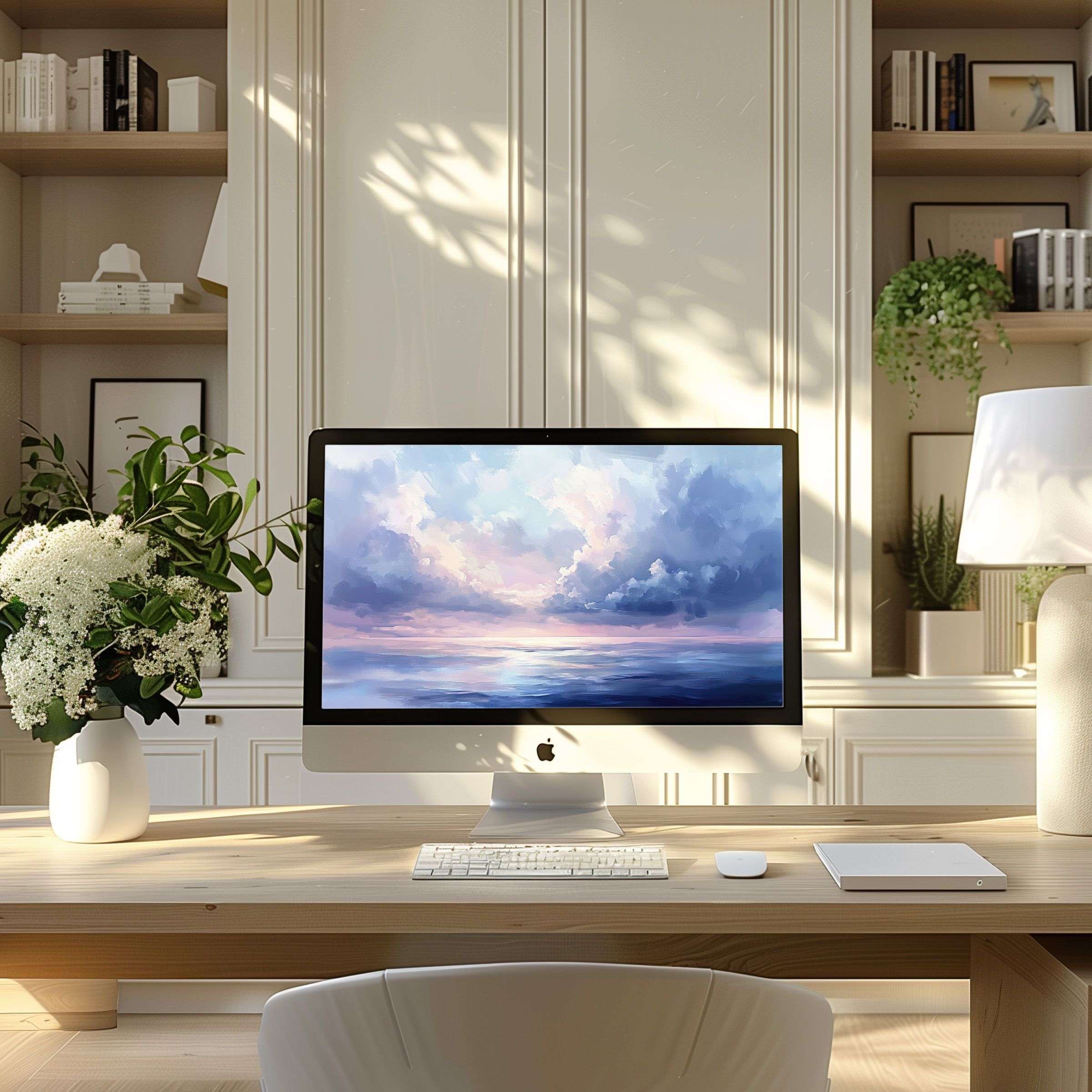 Elegant digital art with serene ocean and clouds, perfect wallpaper for computer, PC, laptop, enhancing modern home office tranquility