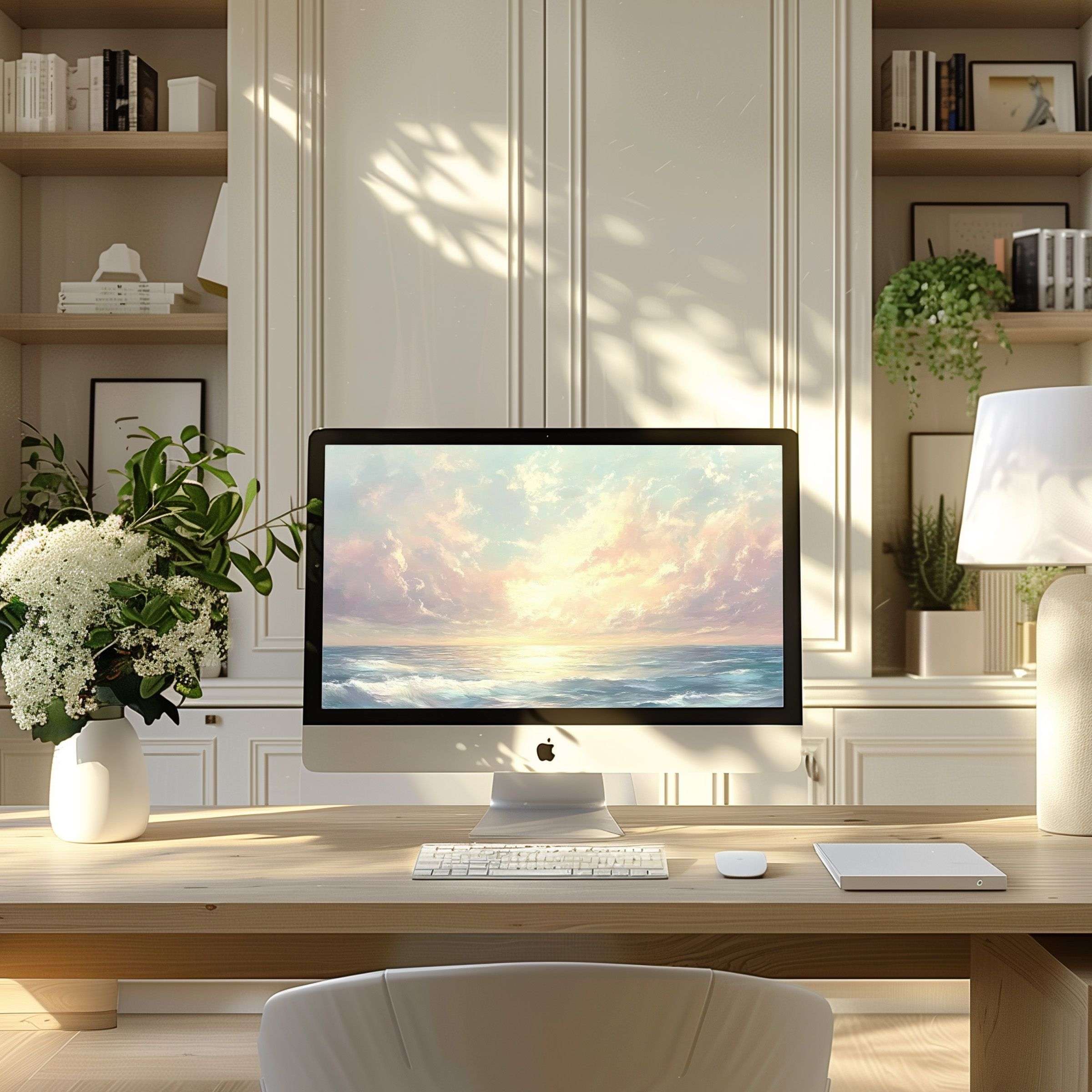 Elegant ocean sunset wallpaper for computer provides calm inspiration for modern home office on PC or laptop digital download