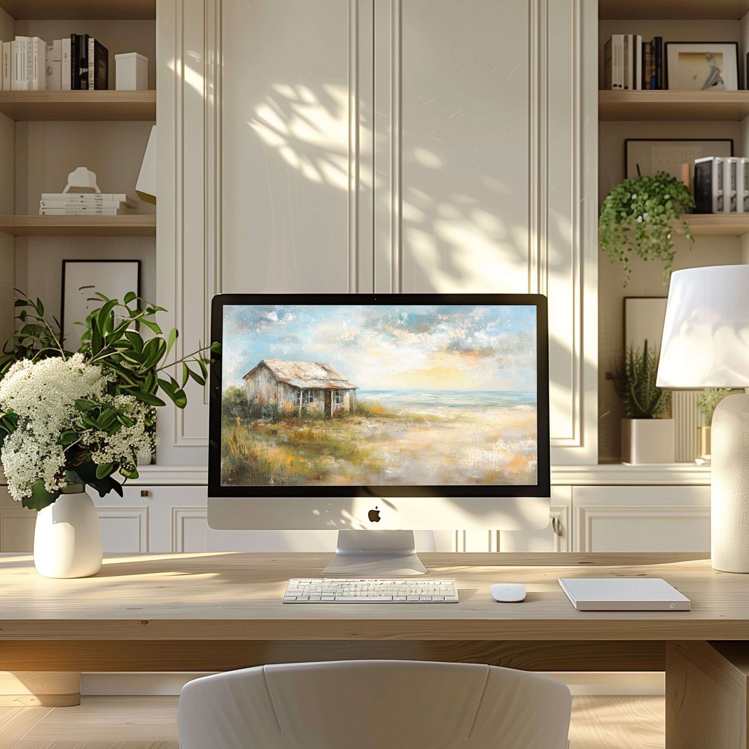 Elegant landscape wallpaper for computer evokes calm, perfect for PC and laptop screens in a modern home office setting