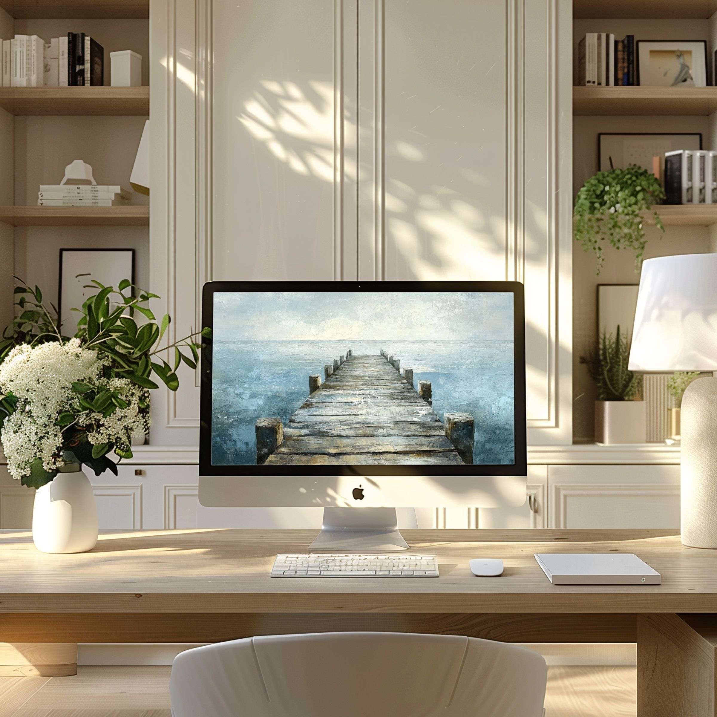 Elegant digital pier artwork as inspiring wallpaper for computer PC or laptop, enhancing calm in a modern home office setting