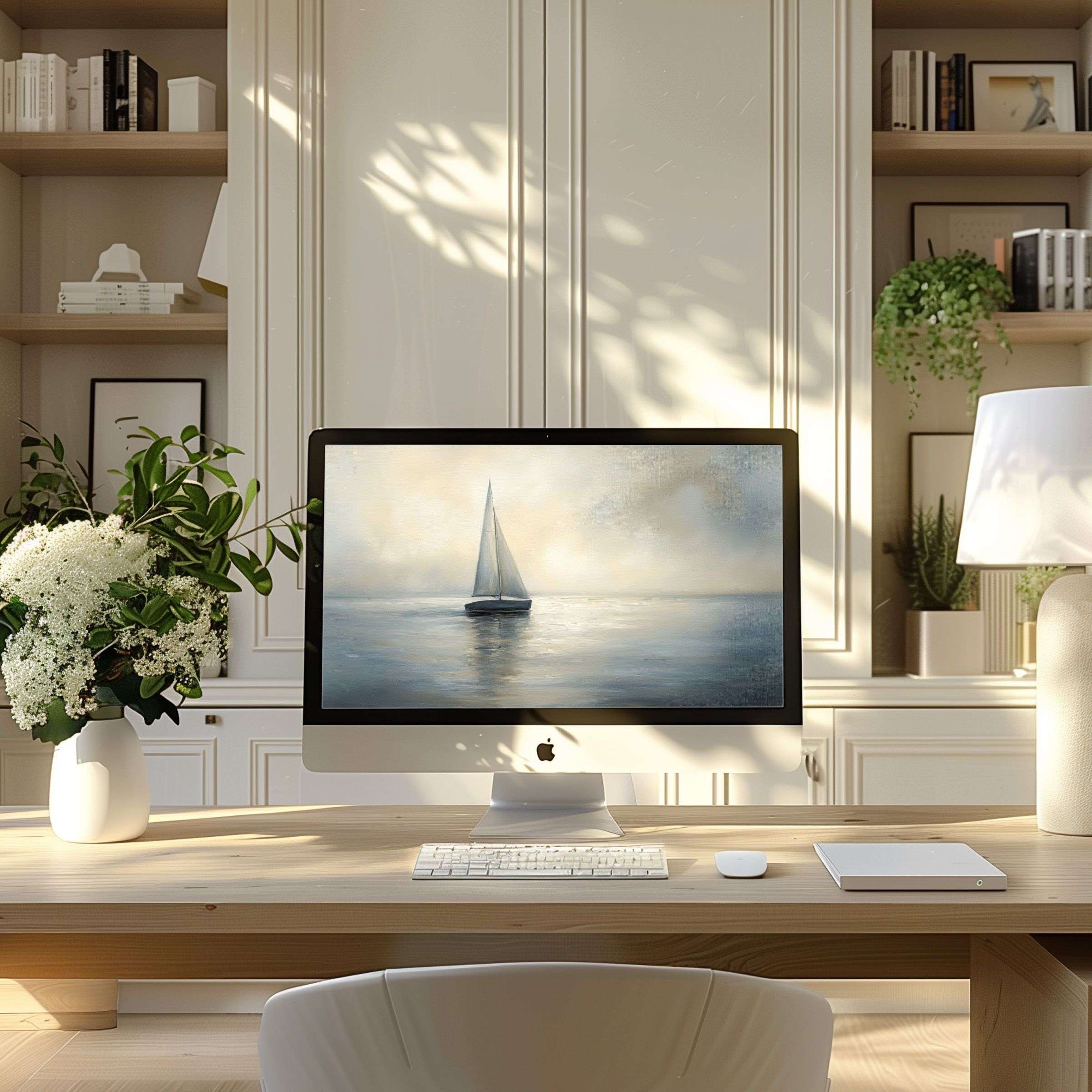 Calming sailboat artwork on a modern home office desk creates an elegant wallpaper for computer PC or laptop download