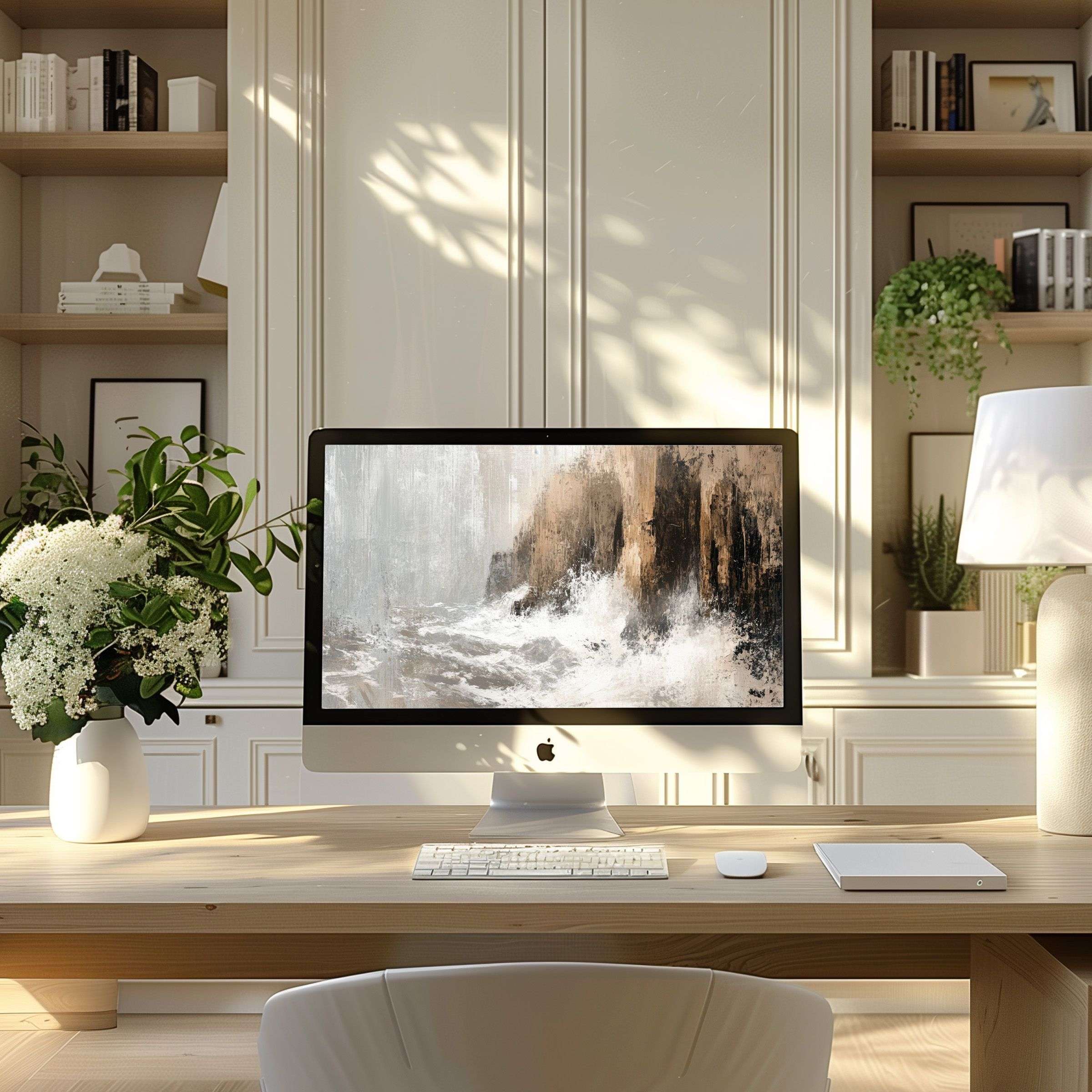 Elegant seascape wallpaper for computer, ideal for PC and laptop, enhances calm in a modern home office setting, perfect digital download